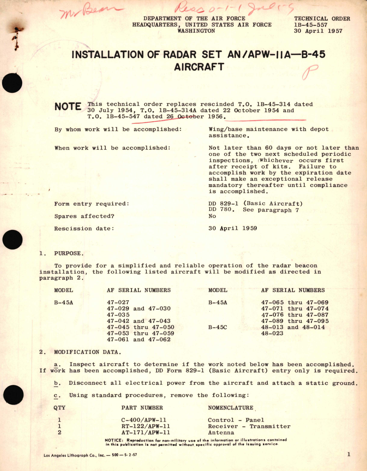 Sample page 1 from AirCorps Library document: Installation of Radar Set AN, APW-11A-B-45 Aircraft 