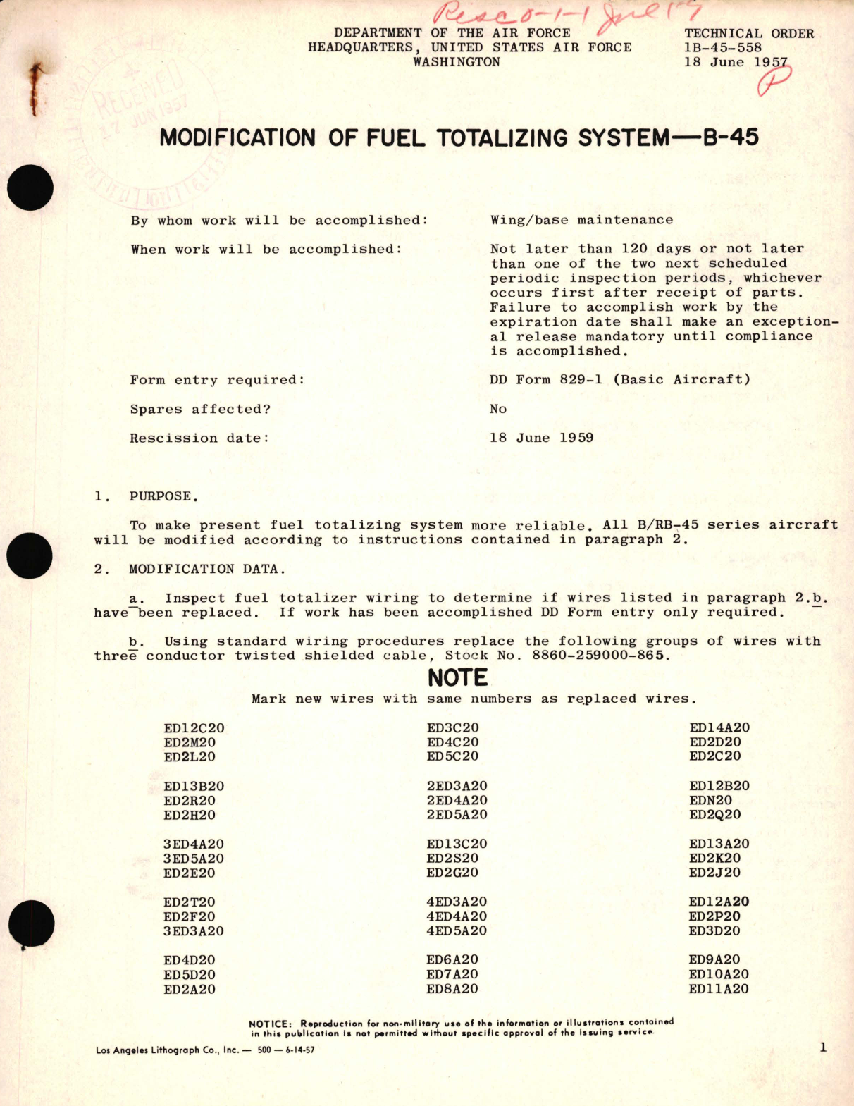 Sample page 1 from AirCorps Library document: Modification of Fuel Totalizing System- B-45 