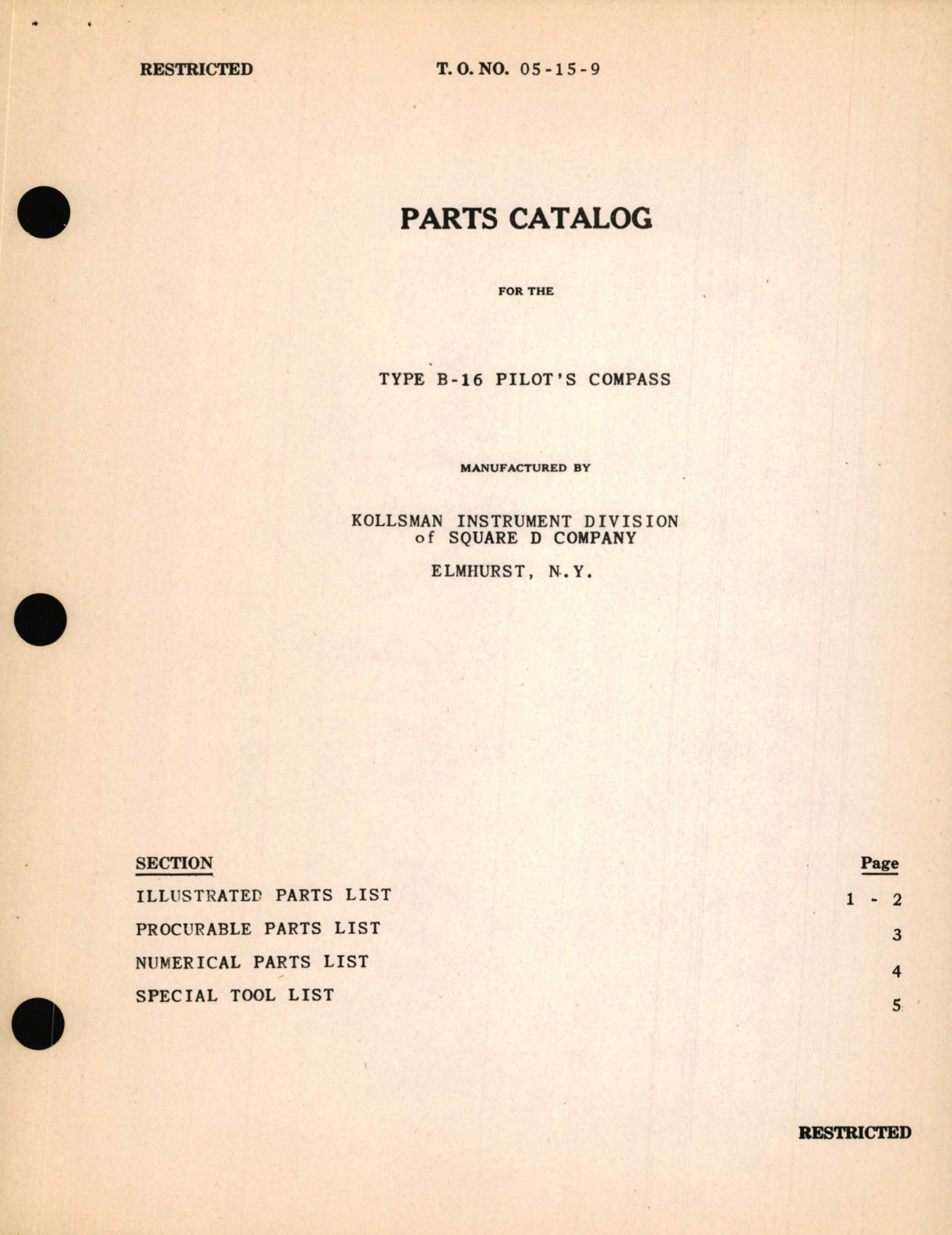 Sample page 1 from AirCorps Library document: Parts Catalog for the Type B-16 Pilot's Compass