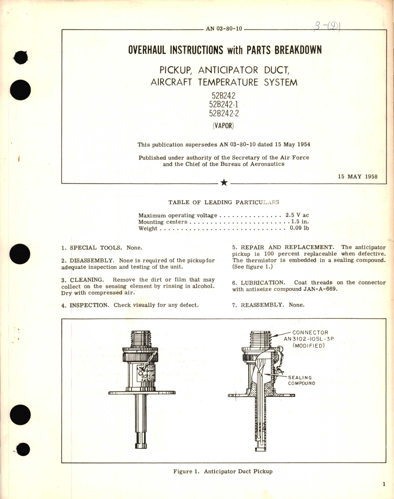 Sample page 1 from AirCorps Library document: Overhaul Instructions with Parts Breakdown for Pickup, Anticipator Duct, Aircraft Temperature System 52B242 