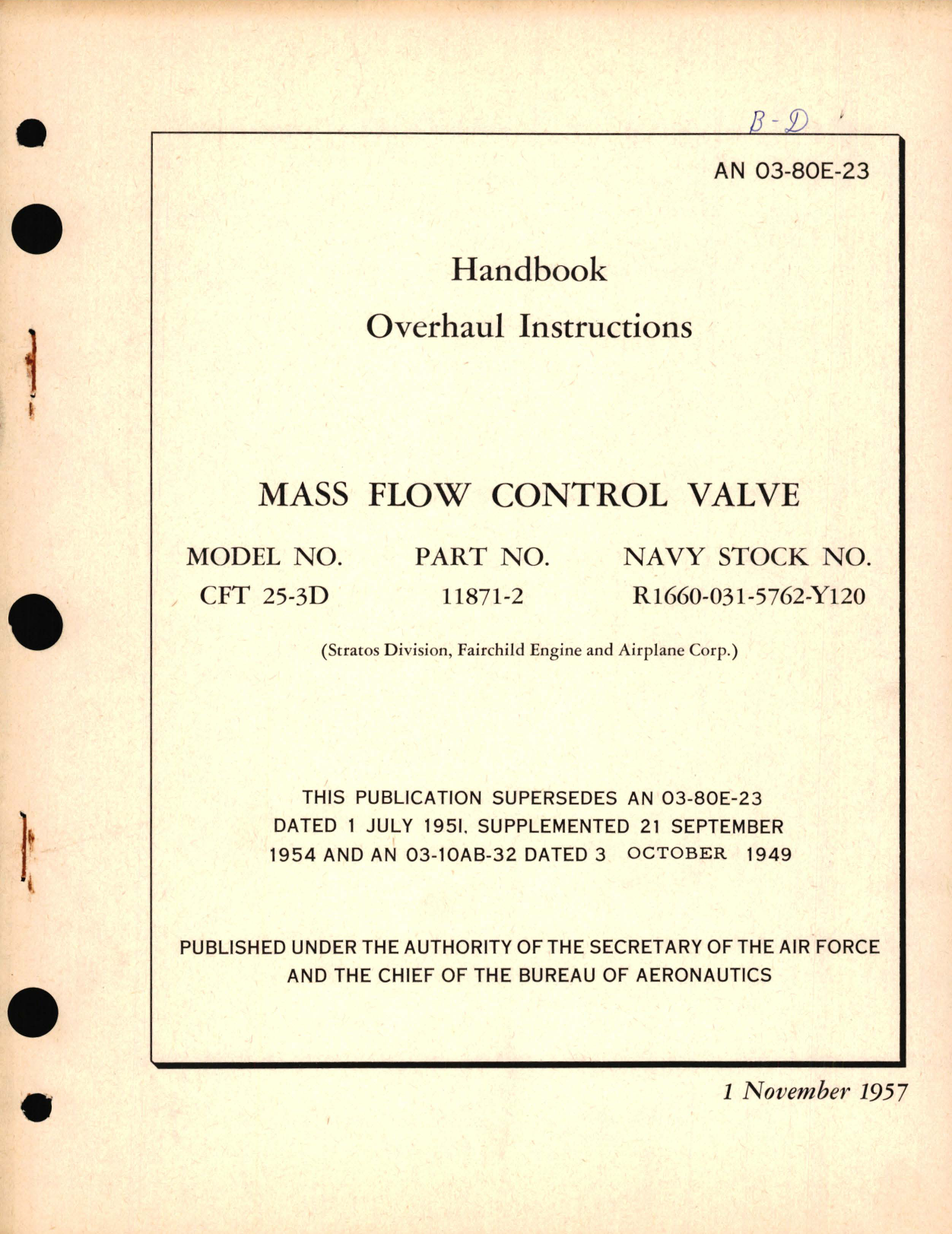 Sample page 1 from AirCorps Library document: Overhaul Instructions for Mass Flow Control Valve Model No. CFT 25-3D, Part No. 11871-2