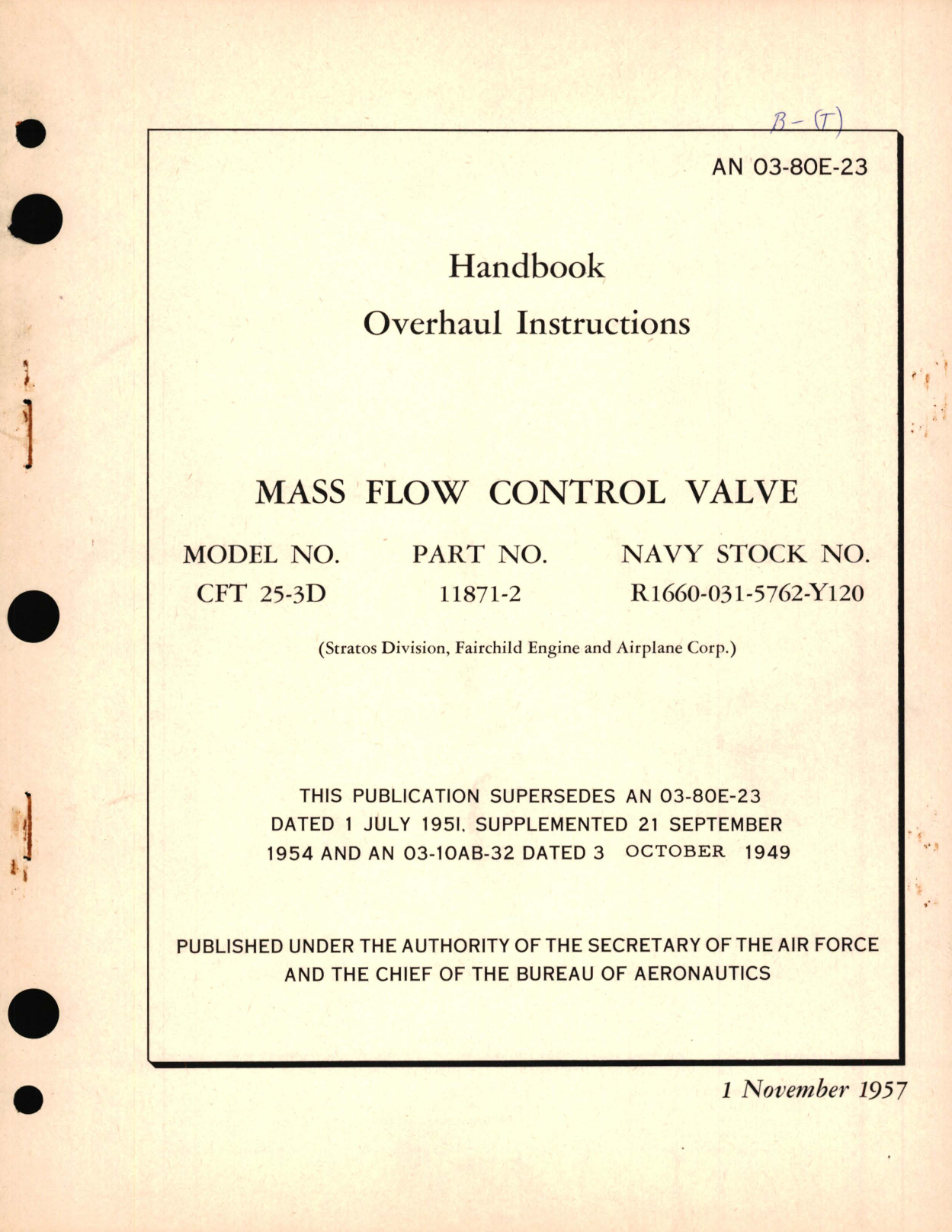 Sample page 1 from AirCorps Library document: Overhaul Instructions for Mass Flow Control Valve Model No. CFT 25-3D Part No. 11871-2