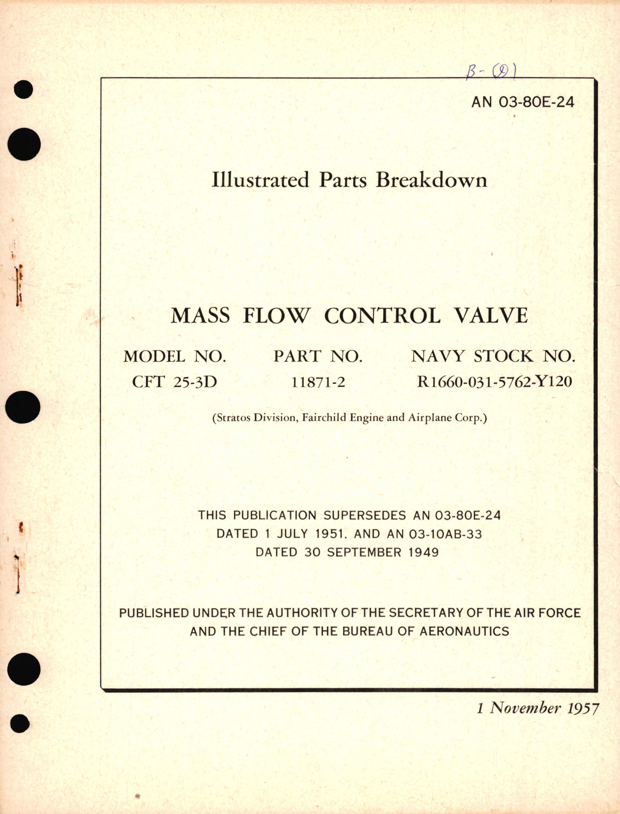 Sample page 1 from AirCorps Library document: Illustrated Parts Breakdown for Mass Flow Control Valve Model No. CFT 25-3D Part  No. 11871-2