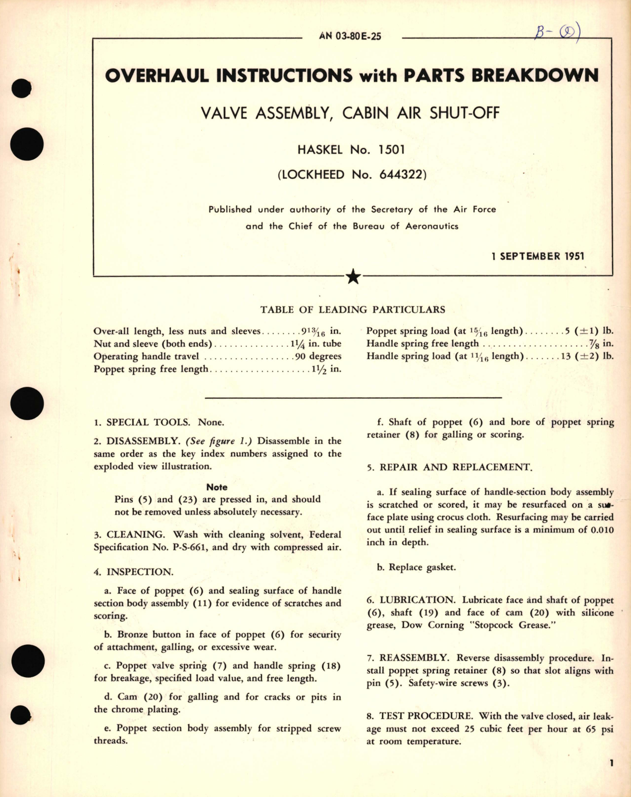 Sample page 1 from AirCorps Library document: Overhaul Instructions with Parts Breakdown  for Valve Assembly, Cabin Air Shut-Off Haskel No. 1501 (Lockheed No. 644322)