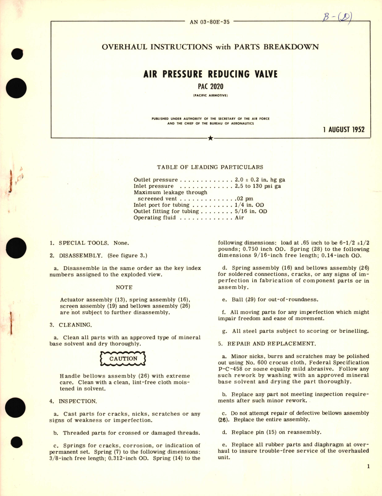 Sample page 1 from AirCorps Library document: Overhaul Instructions with Parts Breakdown for Air Pressure Reducing Valve PAC 2020 