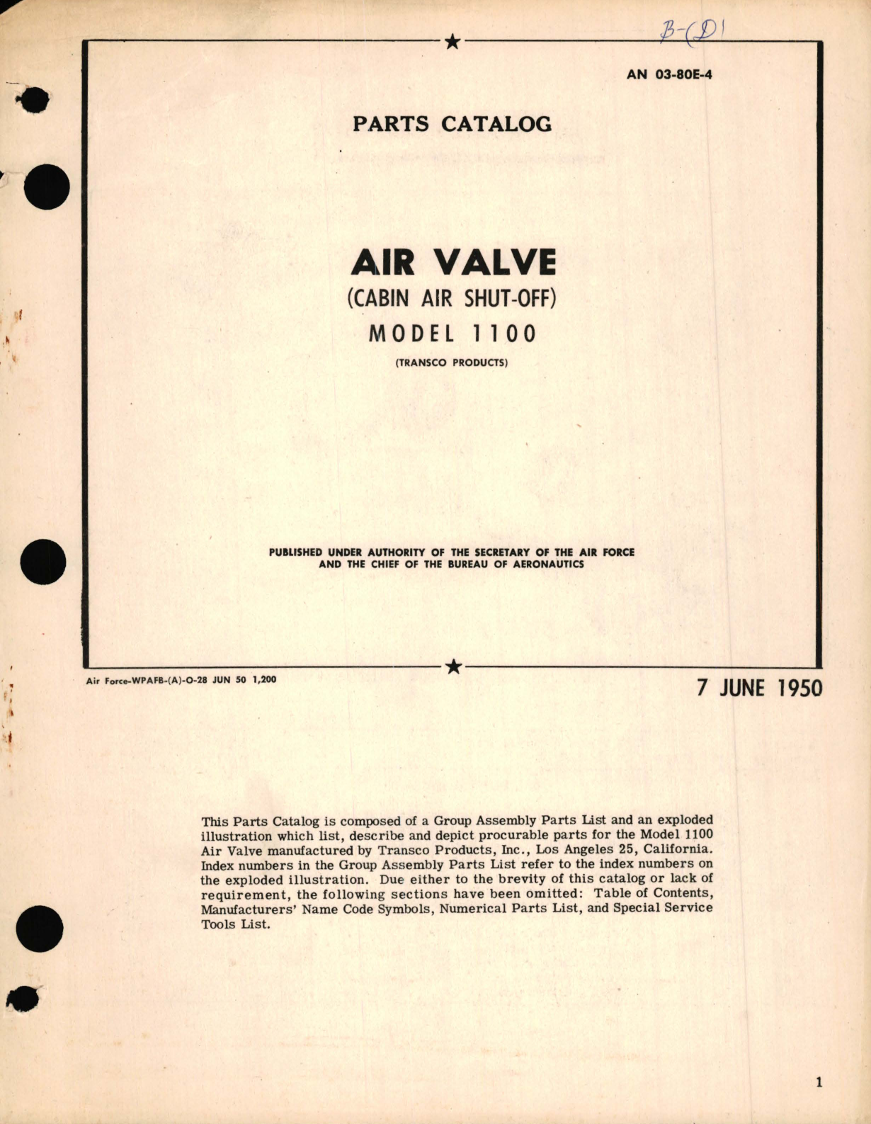 Sample page 1 from AirCorps Library document: Parts Catalog for Air Valve (Cabin Air Shut-Off) Model 1100 