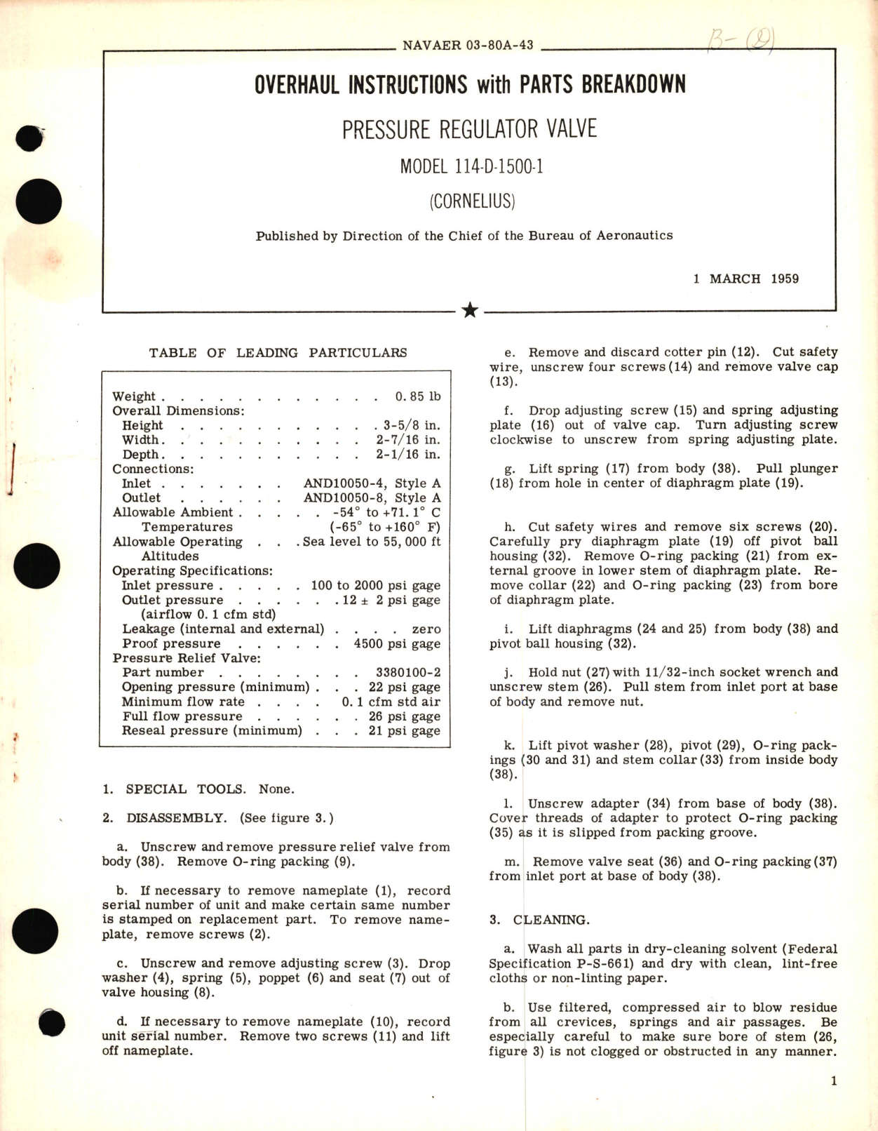 Sample page 1 from AirCorps Library document: Overhaul Instructions with Parts Breakdown for Pressure Regulator Valve Model 114-D1500-1 