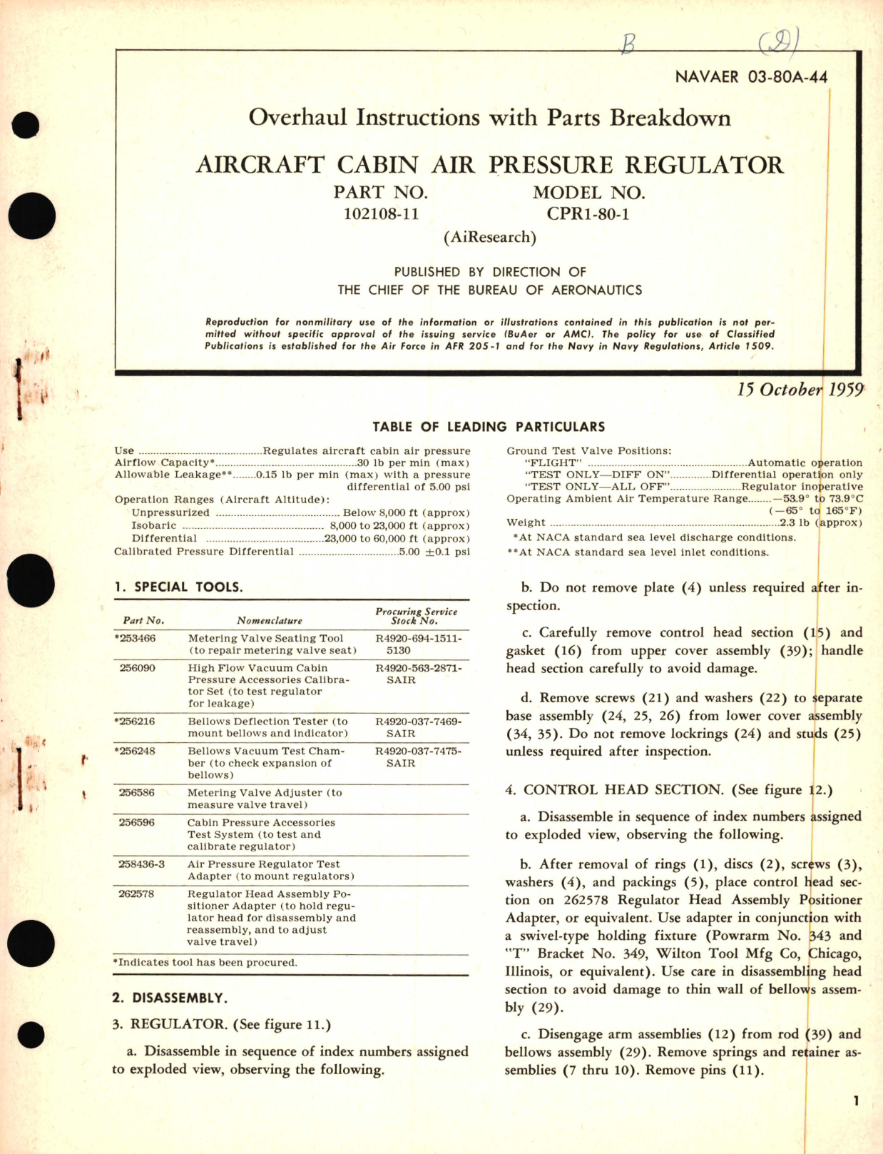 Sample page 1 from AirCorps Library document: Overhaul Instructions with Parts Breakdown for Aircraft Cabin Air Pressure Regulator Part  No. 102108-11 Model No. CPR1-80-1