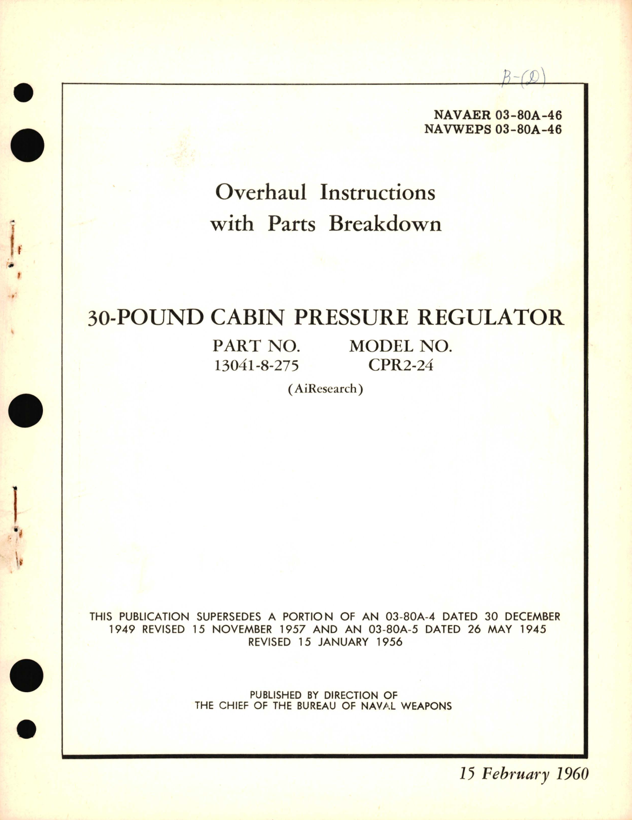 Sample page 1 from AirCorps Library document: Overhaul Instructions with Parts Breakdown for 30-Pound Cabin Pressure Regulator Part No. 13041-8-275  Model No. CPR2-24