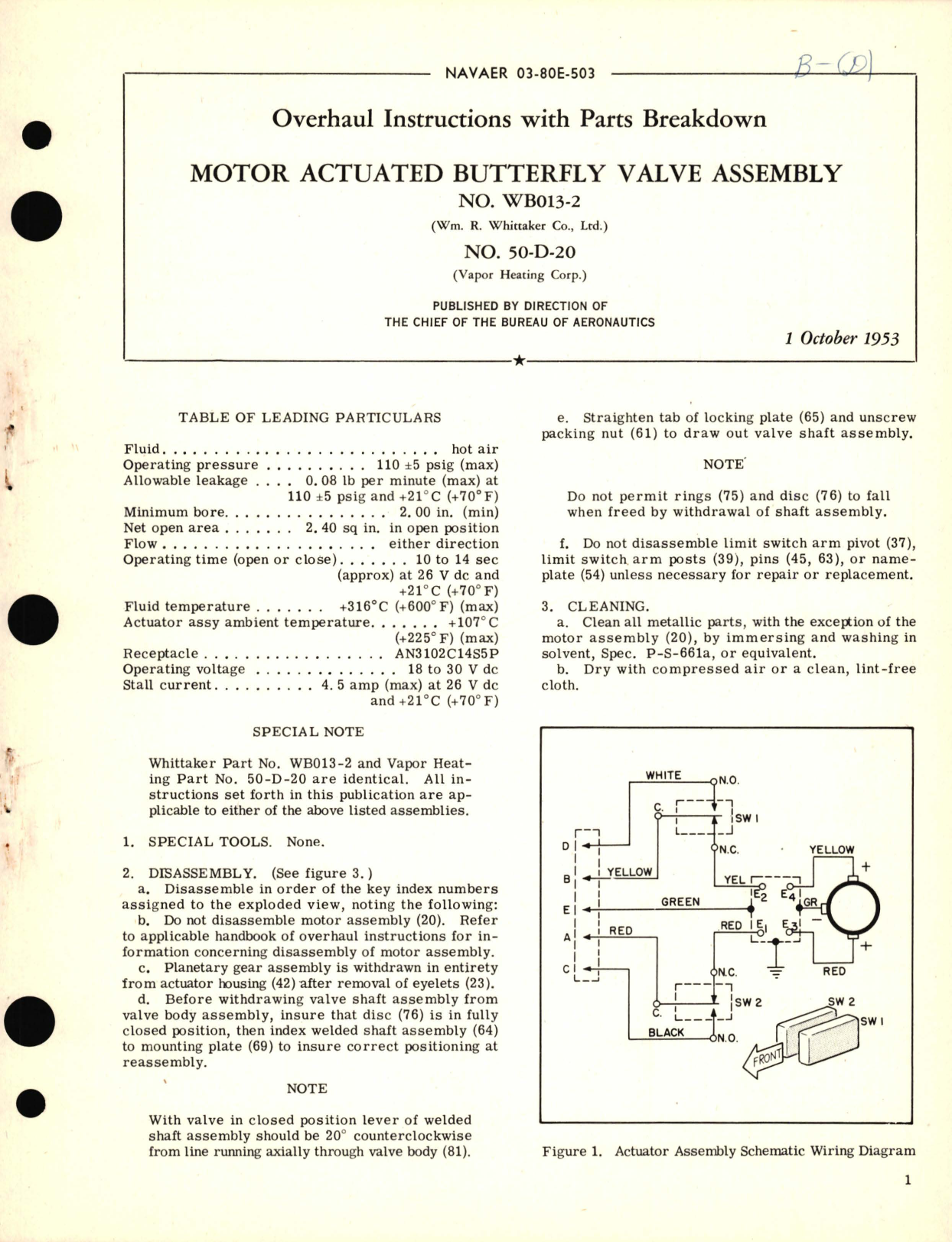 Sample page 1 from AirCorps Library document: Overhaul Instructions with Parts Breakdown for Motor Actuated Butterfly Valve Assembly No. WB013-2 (Wm. R. Whittaker Co., Ltd.) No. 50-D-20 (Vapor Heating Corp.)