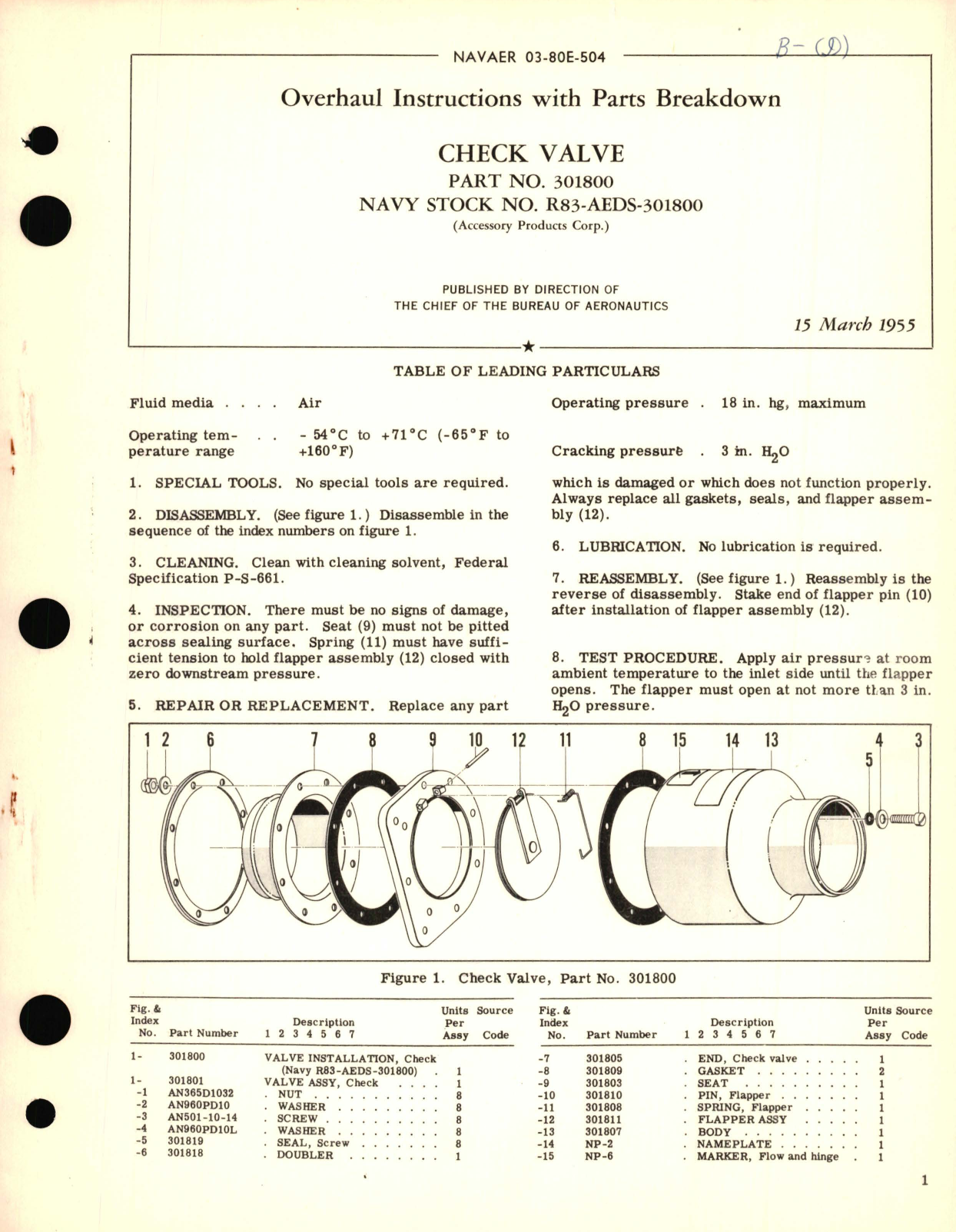 Sample page 1 from AirCorps Library document: Overhaul Instructions with Parts Breakdown for Check Valve Part  No. 301800 