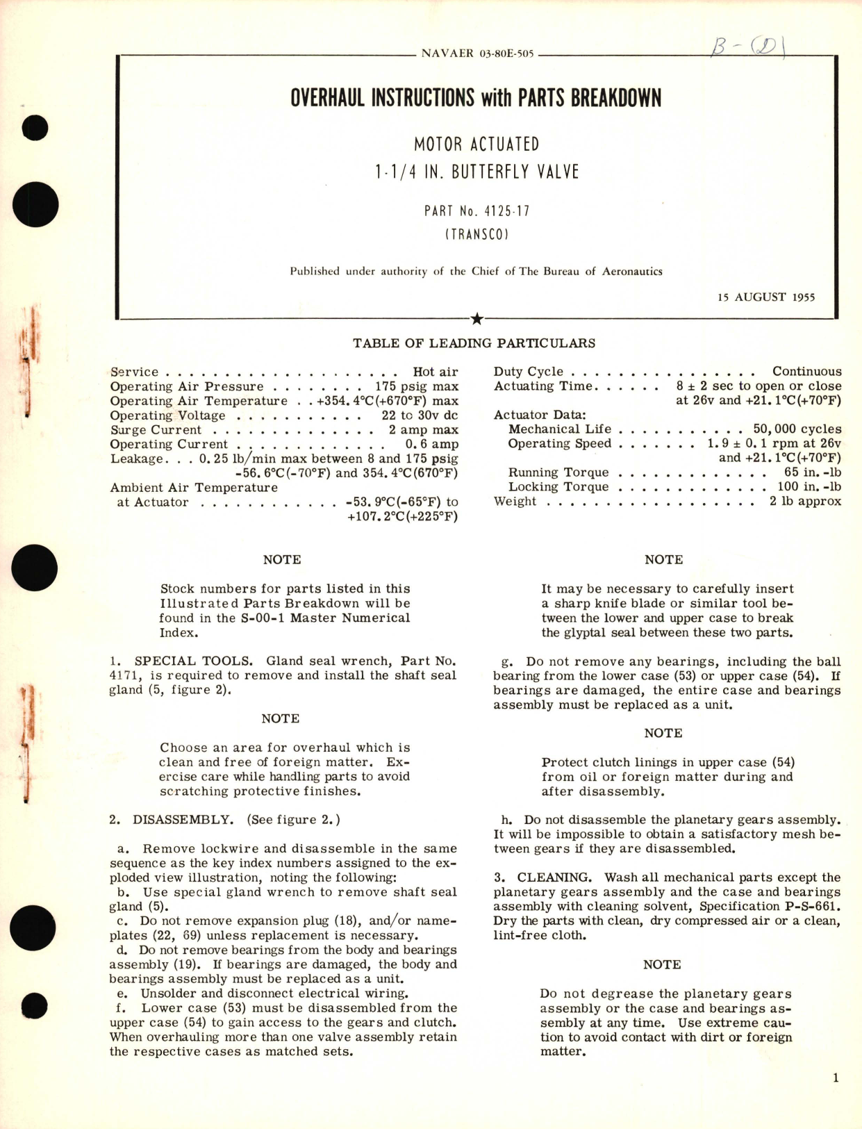 Sample page 1 from AirCorps Library document: Overhaul Instructions with Parts Breakdown for Motor Actuated 1-1/4  In. Butterfly Valve Part No. 4125-17 