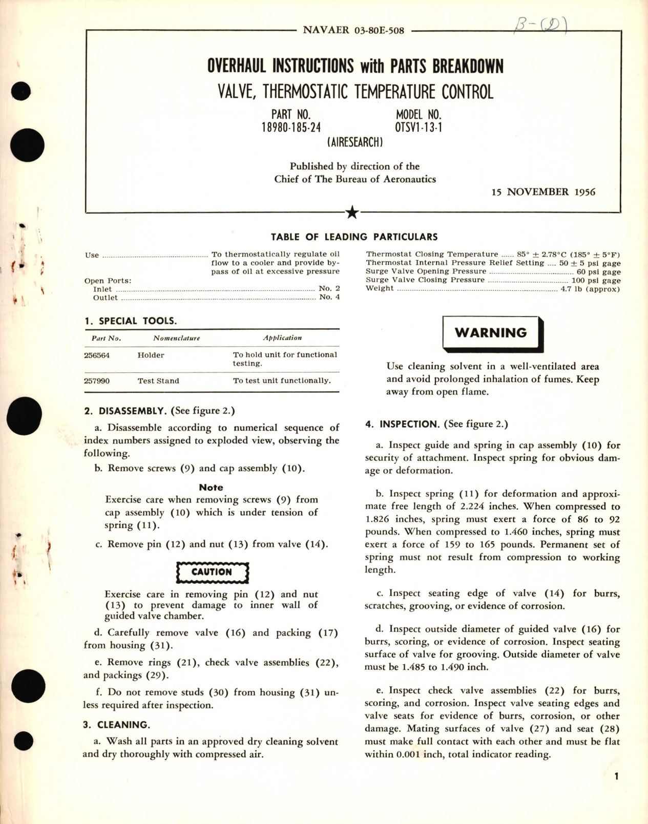 Sample page 1 from AirCorps Library document: Overhaul Instructions with Parts Breakdown for Valve, Thermostatic Temperature Control Part No. 18980-185-24 Model No. OTSV1-13-1