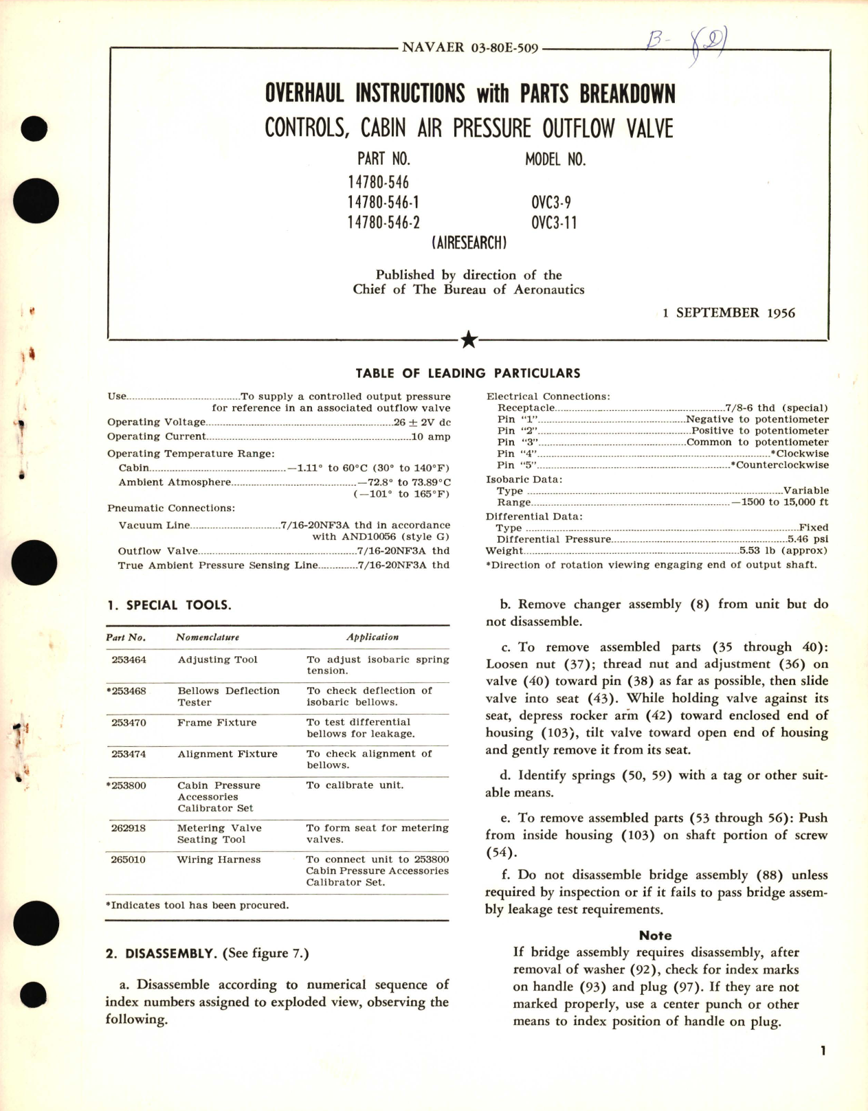 Sample page 1 from AirCorps Library document: Overhaul Instructions with Parts Breakdown for Controls, Cabin Air Pressure Outflow Valve Part No. 14780-546 Model OVC3-9, OVc3-11