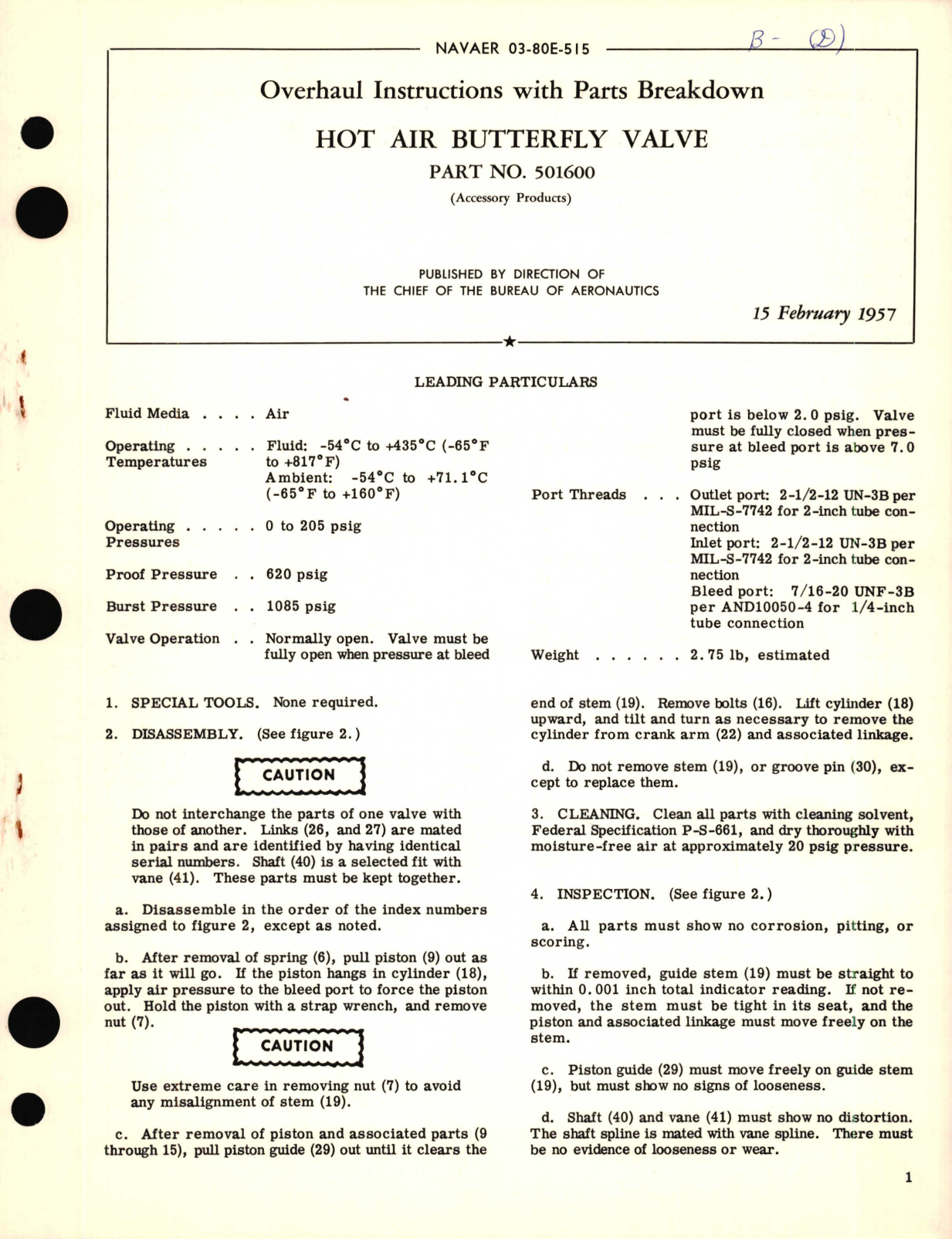 Sample page 1 from AirCorps Library document: Overhaul Instructions with Parts Breakdown for Hot Air Butterfly Valve Part No. 501600