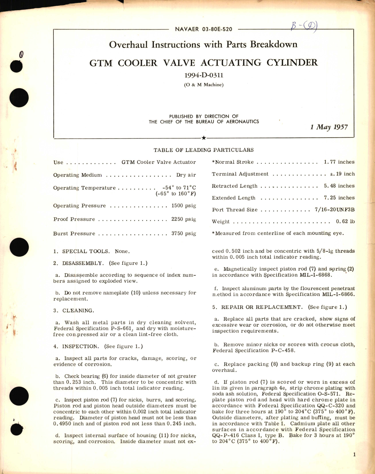 Sample page 1 from AirCorps Library document: Overhaul Instructions with Parts Breakdown for GTM Cooler Valve Actuating Cylinder 1994-D-0311