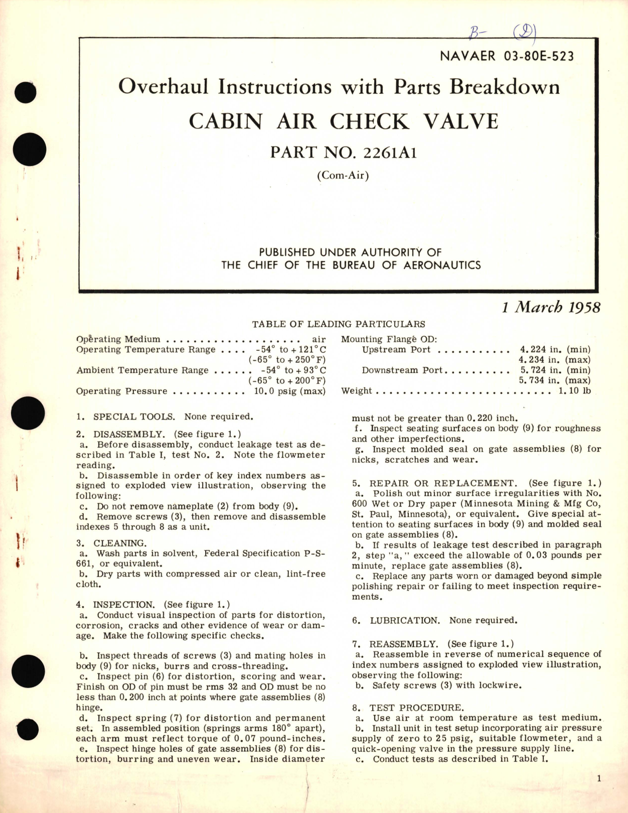 Sample page 1 from AirCorps Library document: Overhaul Instructions with Parts Breakdown for Cabin Air Check Valve Part No. 2261A1 