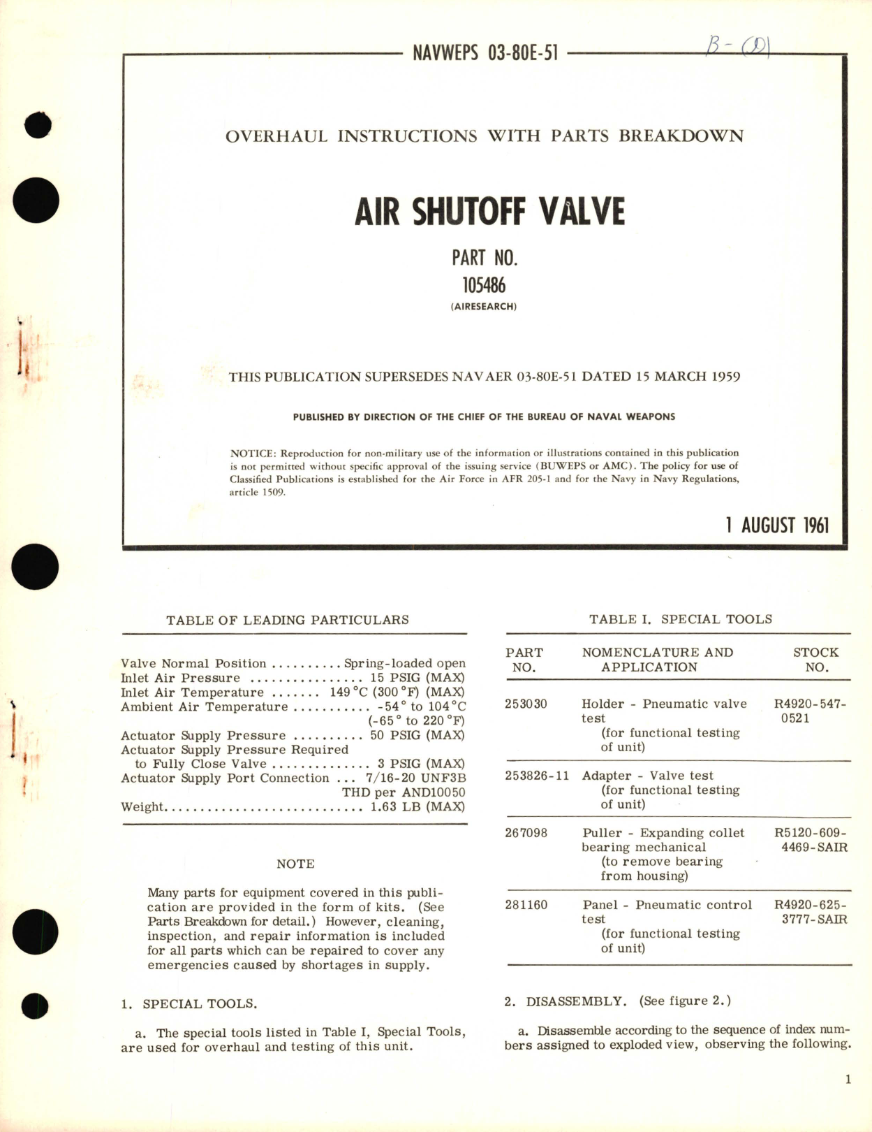 Sample page 1 from AirCorps Library document: Overhaul Instructions with Parts Breakdown  for Air Shutoff Valve Part No. 105486