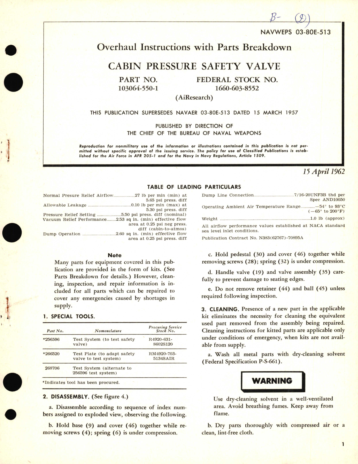 Sample page 1 from AirCorps Library document: Overhaul Instructions with Parts Breakdown for Cabin Pressure Safety Valve Part No. 103064-550-1 