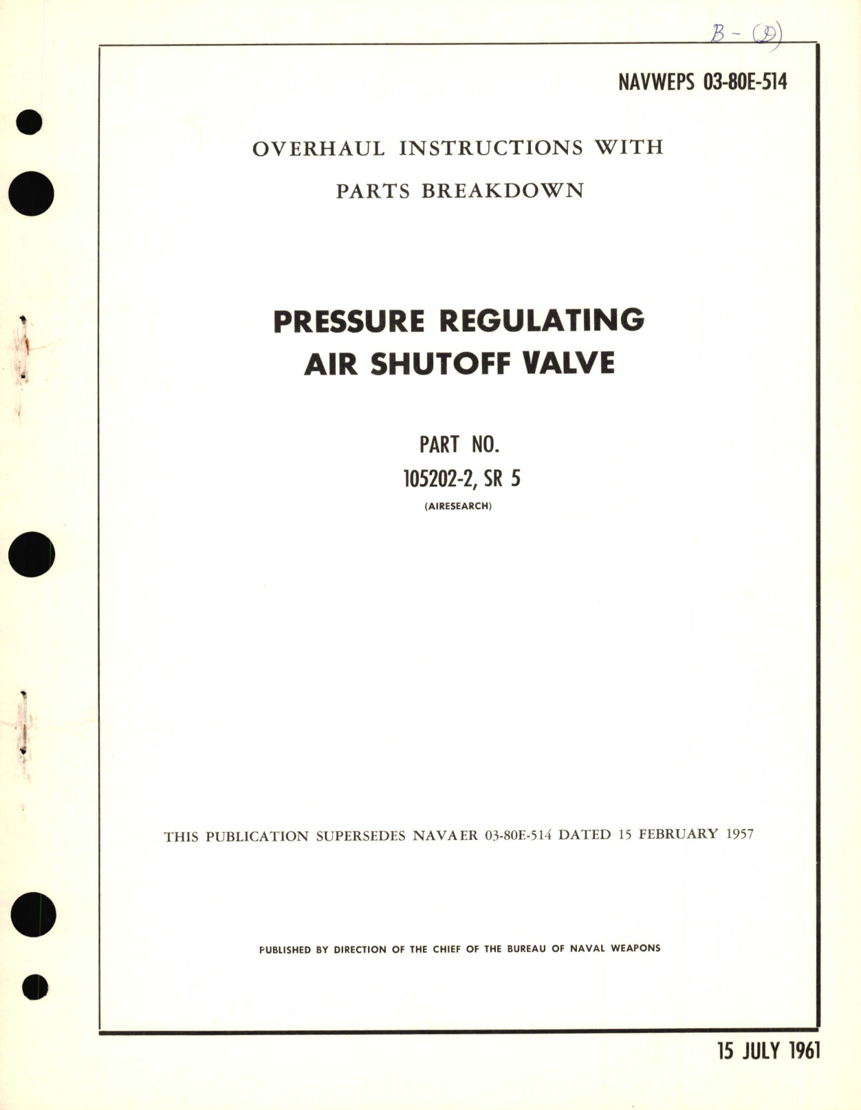 Sample page 1 from AirCorps Library document: Overhaul Instructions with Parts Breakdown for Pressure Regulating Air Shutoff Valve Part No. 105202-2, SR 5 