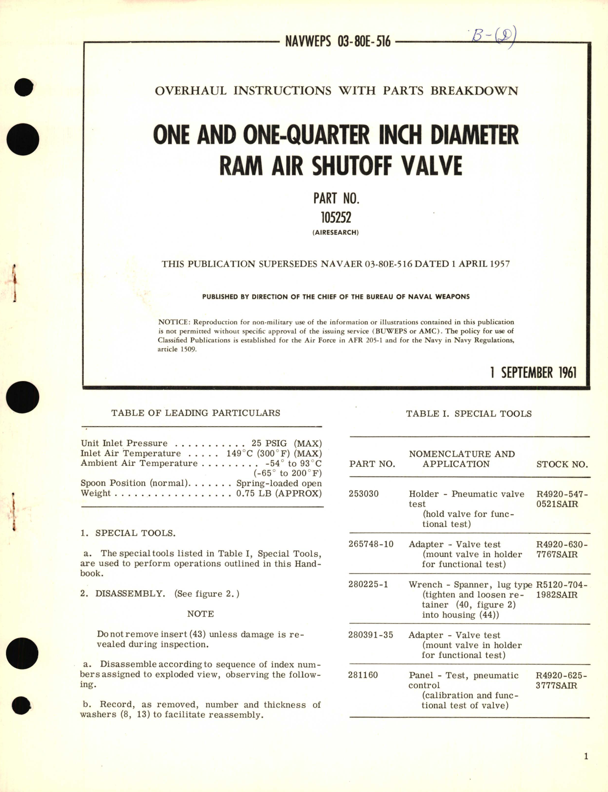 Sample page 1 from AirCorps Library document: Overhaul Instructions with Parts Breakdown for One and One-Quarter Inch Diameter Ram Air Shutoff Valve Part No. 105252 