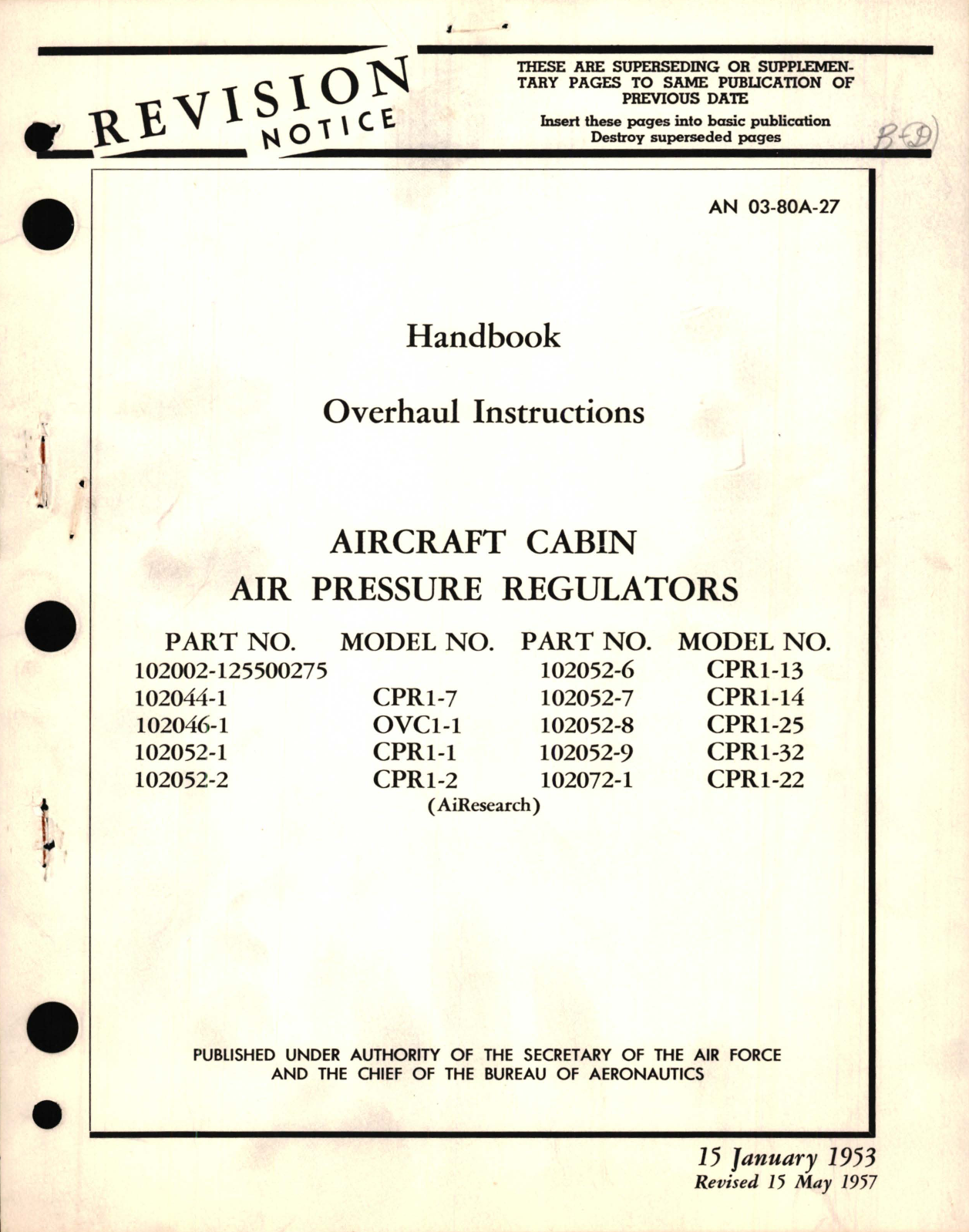 Sample page 1 from AirCorps Library document: Overhaul Instructions for Aircraft Cabin Air Pressure Regulators Part No. 102002, 102044, 102046, 102052, 102072