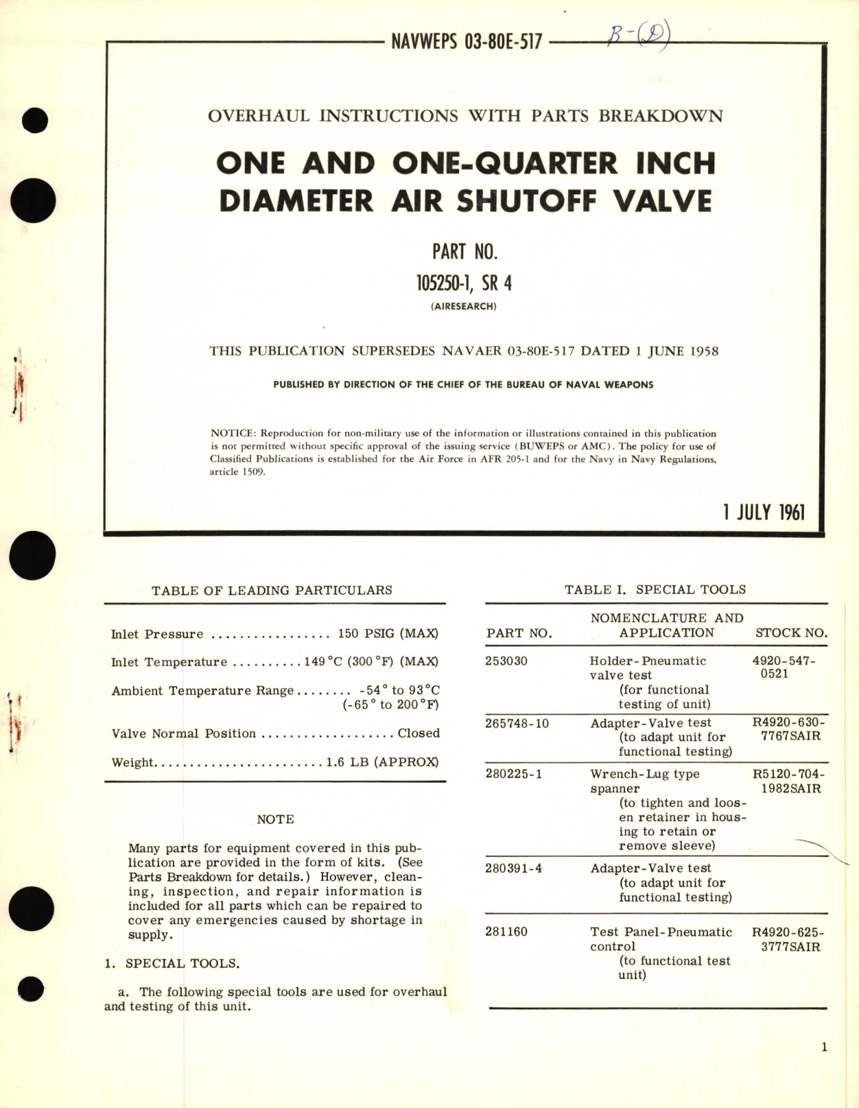 Sample page 1 from AirCorps Library document: Overhaul Instructions with Parts Breakdown for One and One-Quarter Inch Diameter Air Shutoff Valve Part No. 105250-1, SR 4 