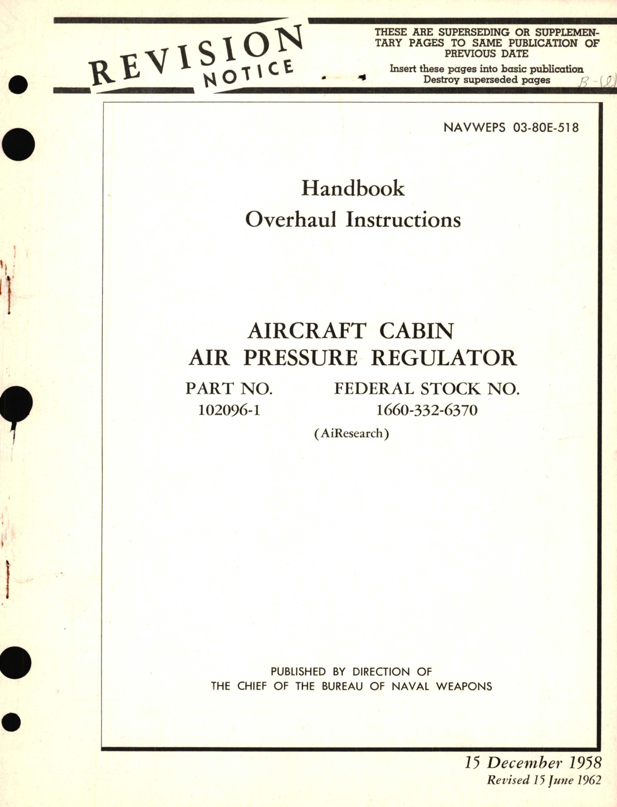 Sample page 1 from AirCorps Library document: Overhaul Instructions for Aircraft Cabin Air Pressure Regulator Part No. 102096-1 