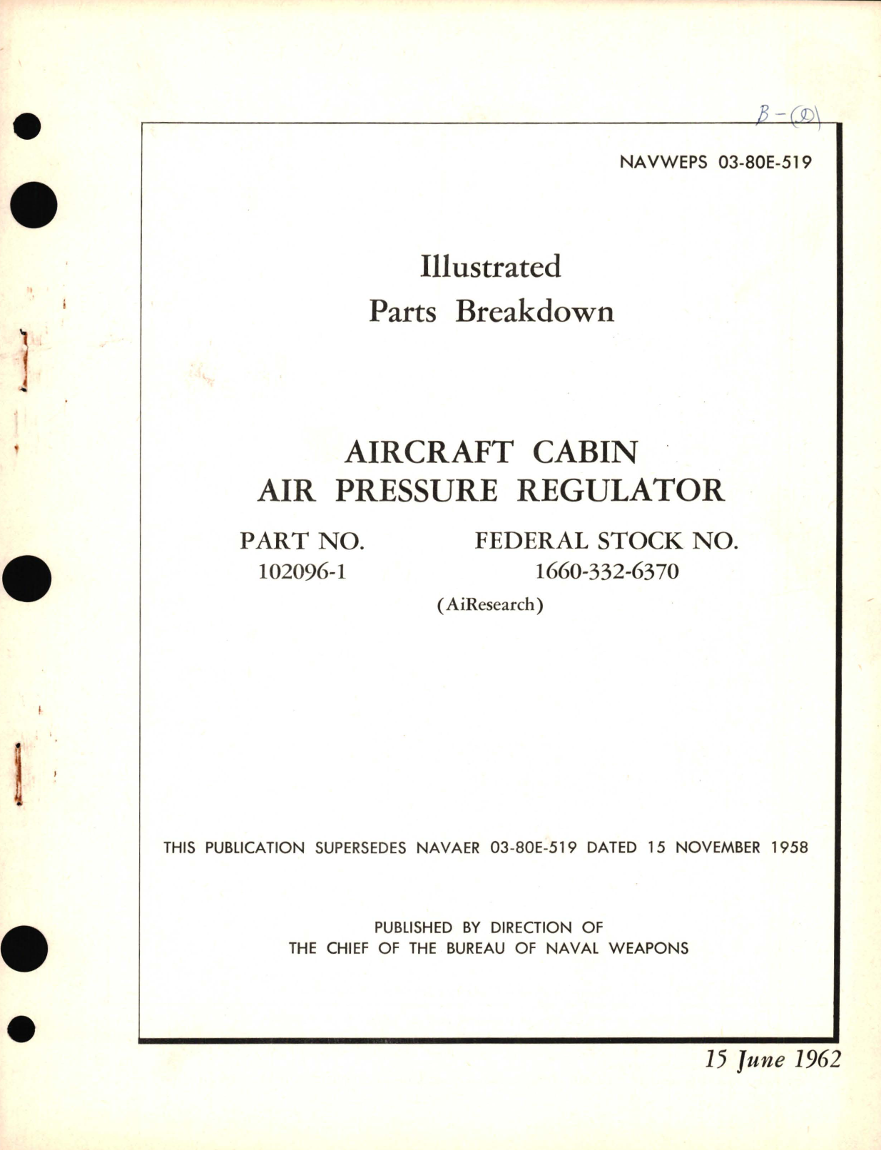 Sample page 1 from AirCorps Library document: Illustrated Parts Breakdown for Aircraft Cabin Air Pressure Regulator Part No. 102096-1