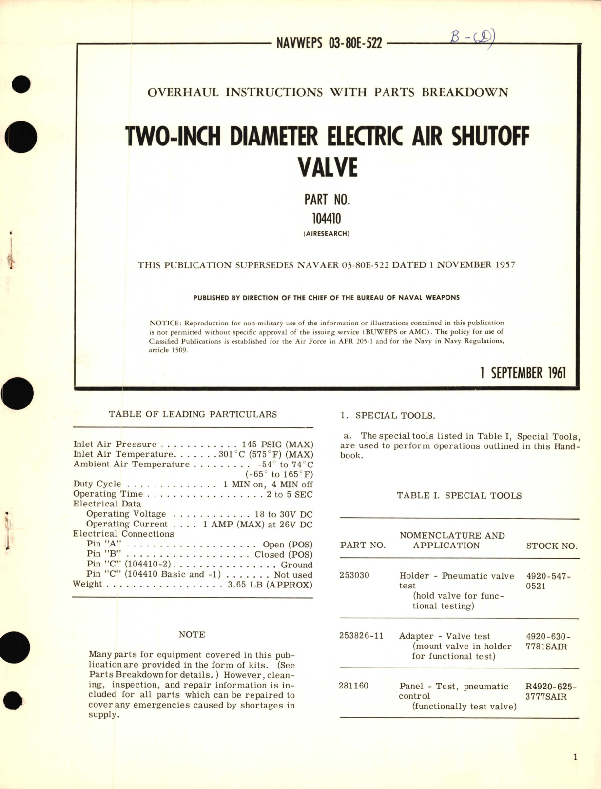 Sample page 1 from AirCorps Library document: Overhaul Instructions with Parts Breakdown for Two-Inch Diameter Electric Air Shutoff Valve Part No. 104410