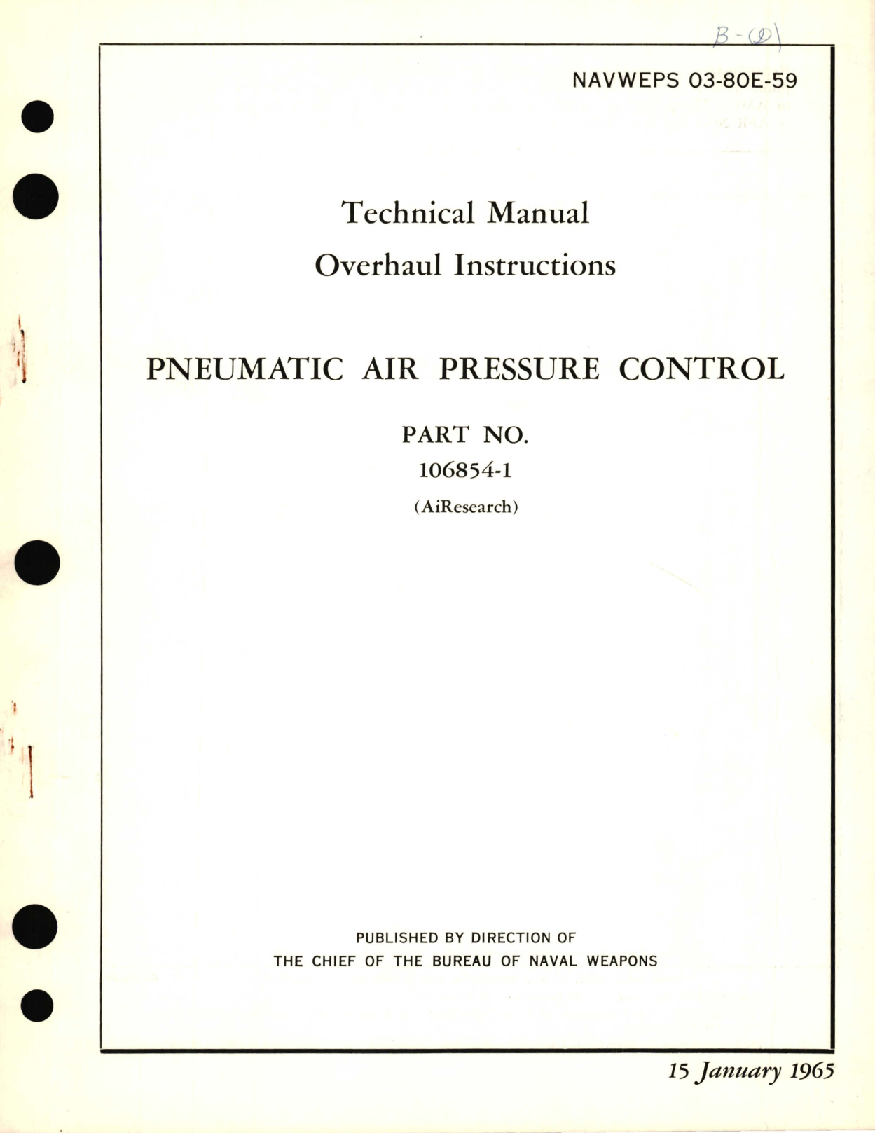 Sample page 1 from AirCorps Library document: Overhaul Instructions for Pneumatic Air Pressure Control Part No. 106854-1 