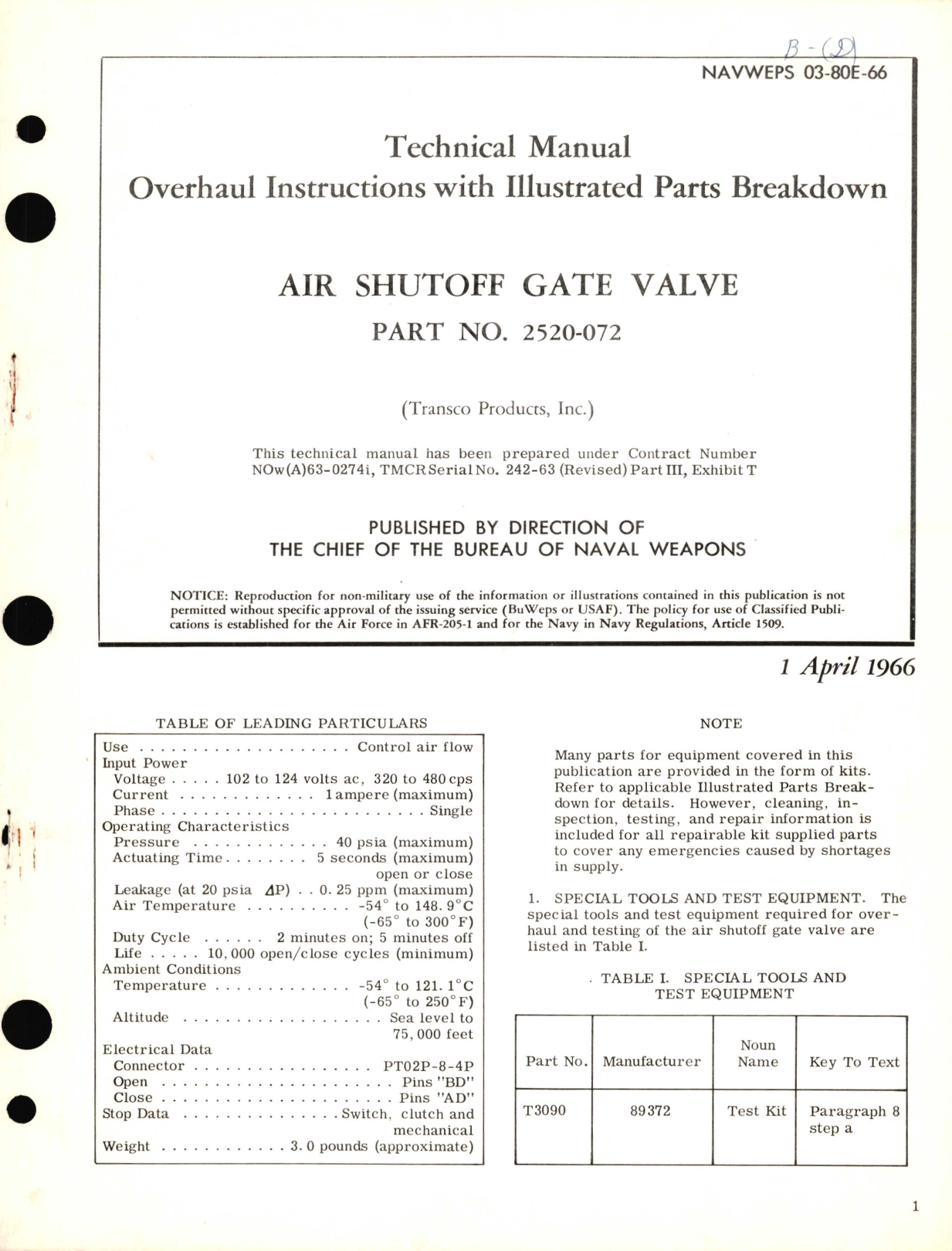 Sample page 1 from AirCorps Library document: Overhaul Instructions with Parts Breakdown for Air Shutoff Gate Valve Part No. 2520-072