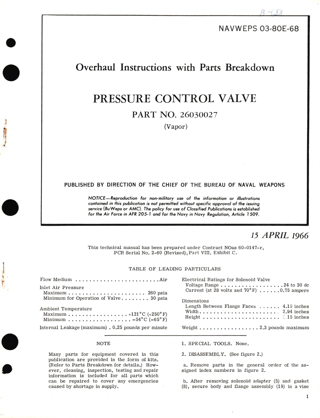 Sample page 1 from AirCorps Library document: Overhaul Instructions with Parts Breakdown for Pressure Control Valve Part No. 26030027