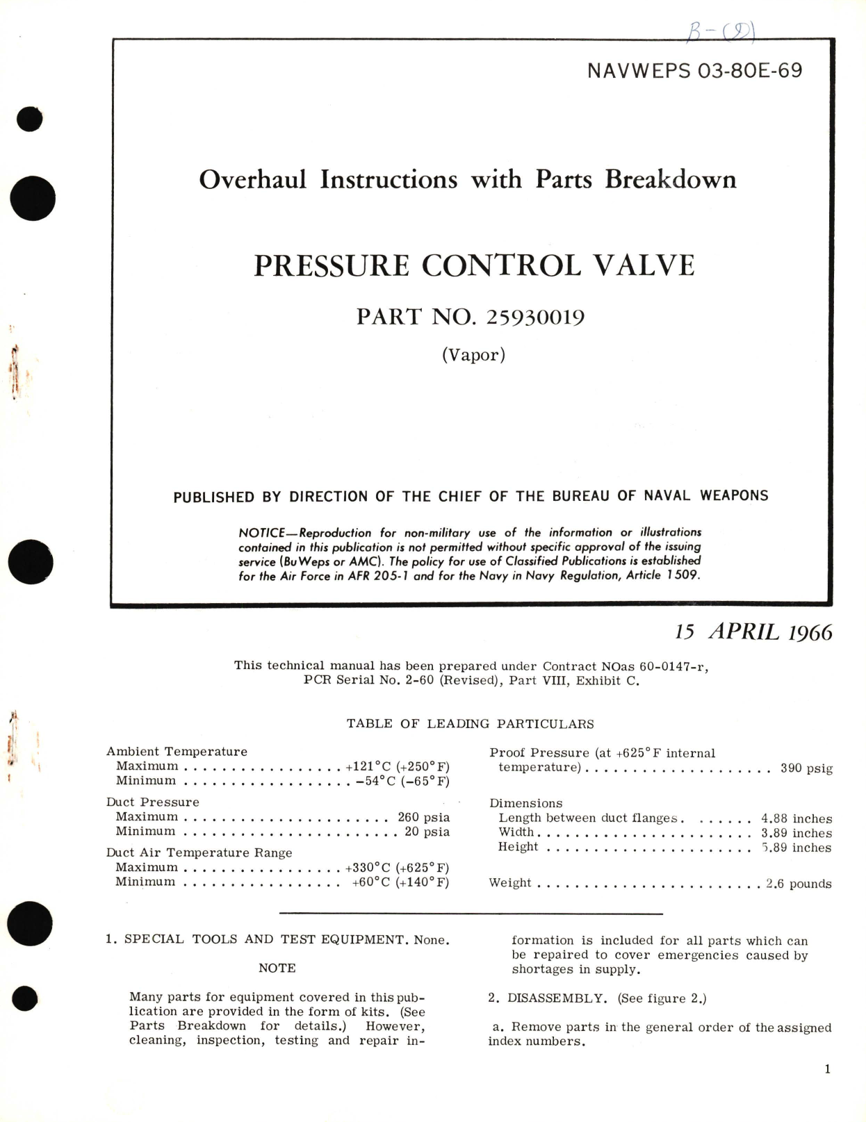 Sample page 1 from AirCorps Library document: Overhaul Instructions with Parts Breakdown for Pressure Control Valve Part No. 25930019 