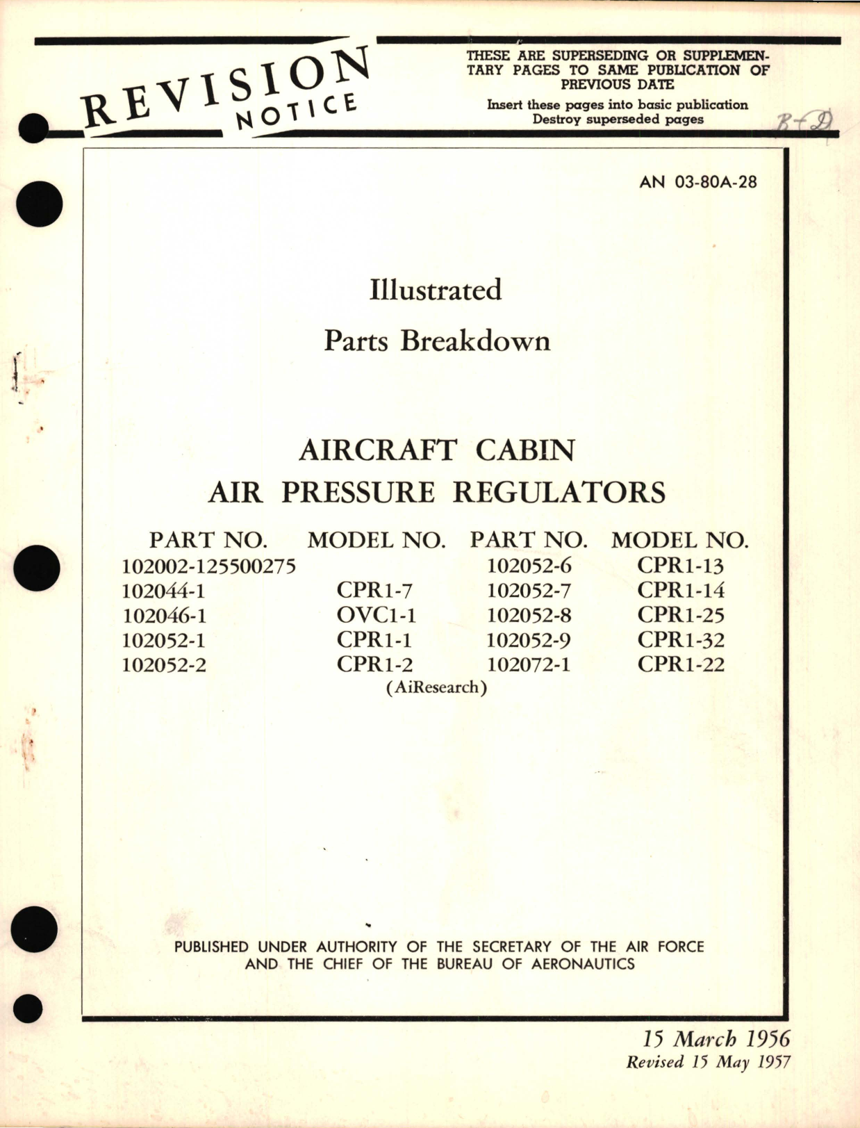 Sample page 1 from AirCorps Library document: Illustrated Parts Breakdown for Aircraft Cabin Air Pressure Regulators Part No. 102002, 102044, 102046, 102052, Model No. CPR1, OVC1-1