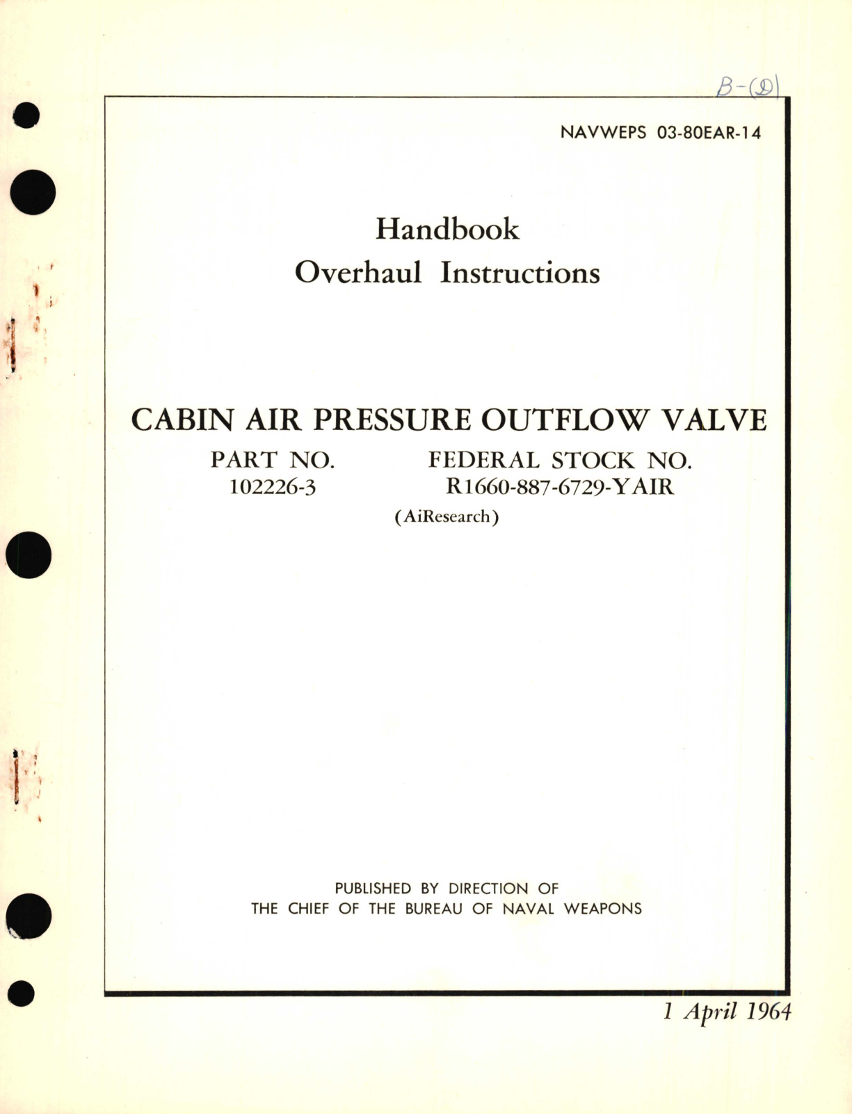 Sample page 1 from AirCorps Library document: Overhaul Instructions for Cabin Air Pressure Outflow Valve Part No. 102226-3 