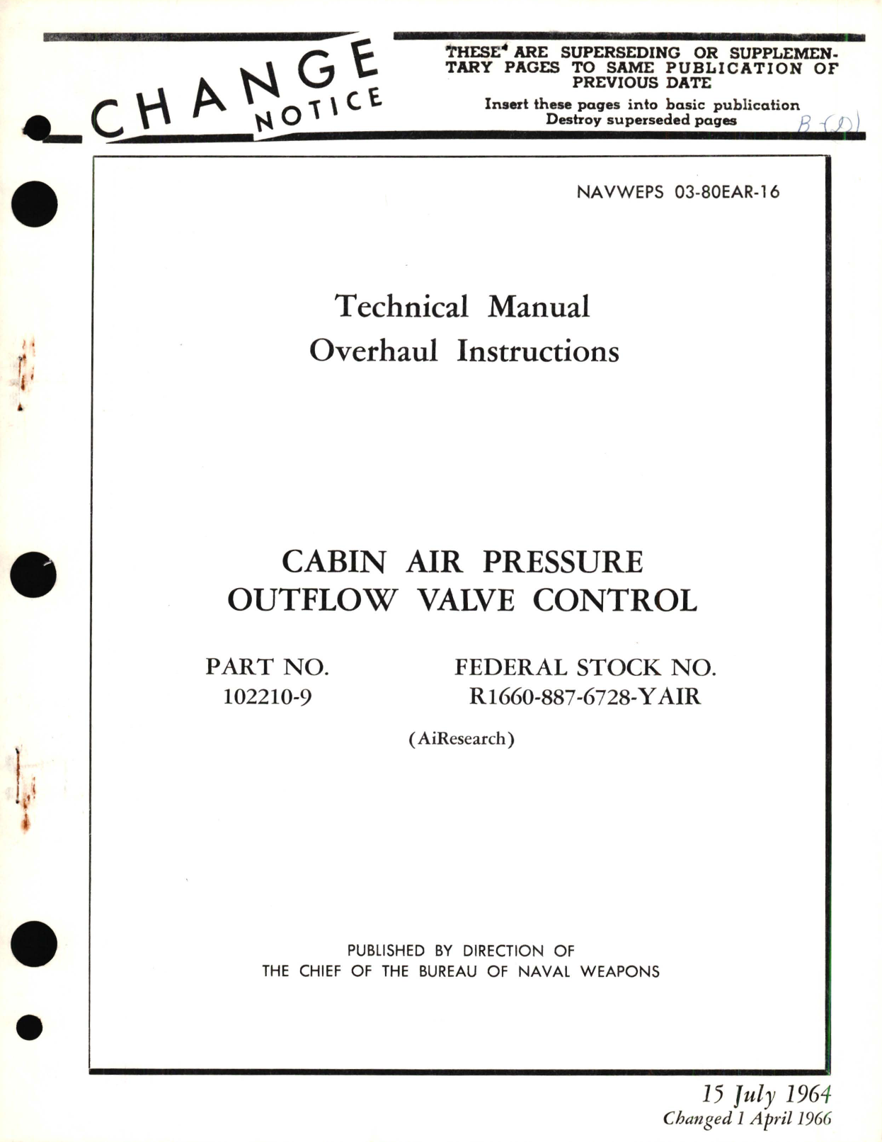 Sample page 1 from AirCorps Library document: Overhaul Instructions for Cabin Air Pressure Outflow Valve Control Part No. 102210-9 