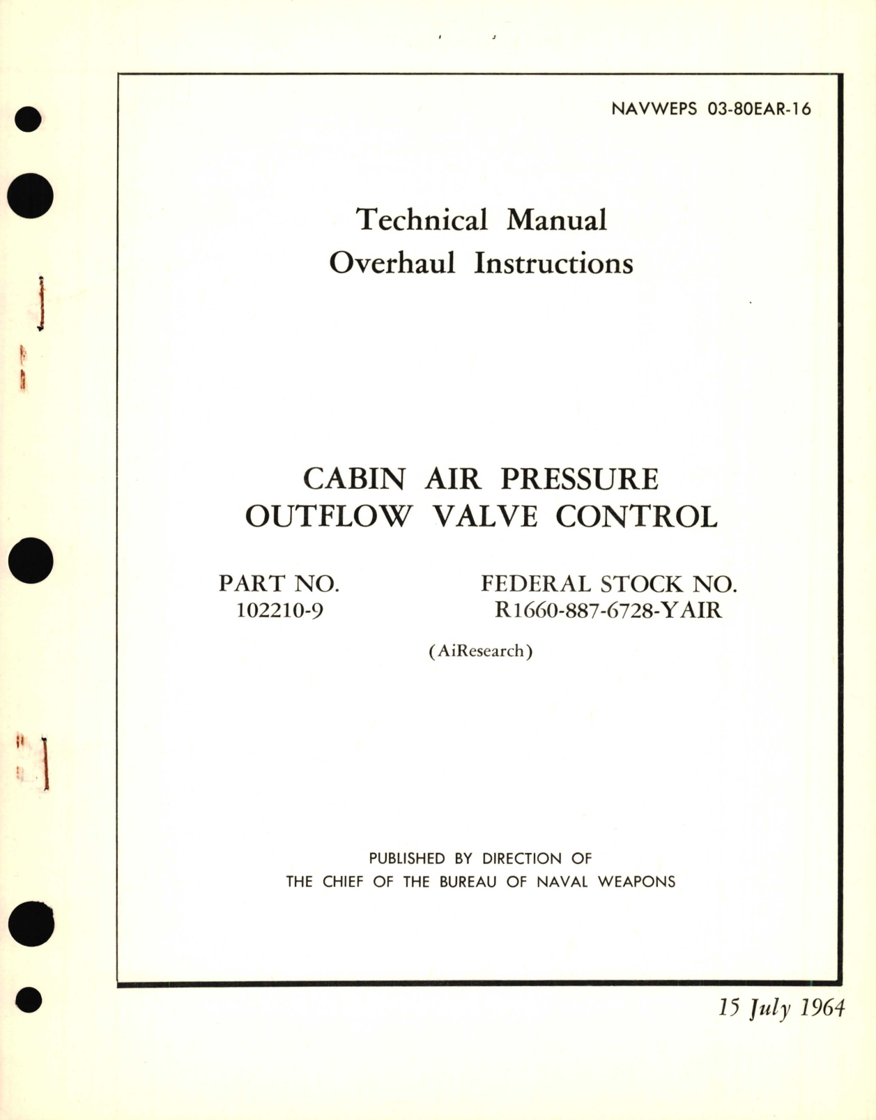 Sample page 1 from AirCorps Library document: Overhaul Instructions for Cabin Air Pressure Outflow Valve Control Part No. 102210-9 