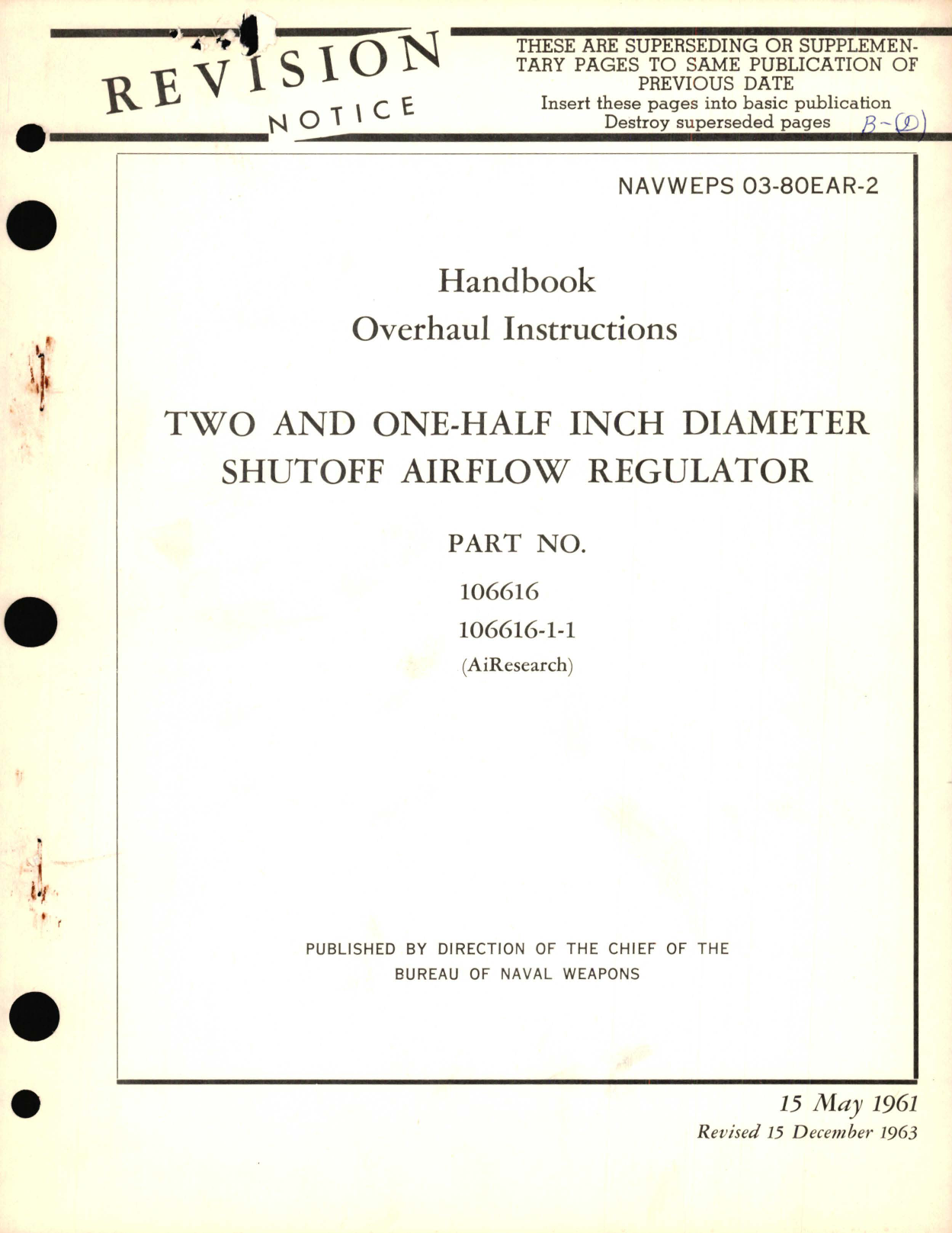 Sample page 1 from AirCorps Library document: Overhaul Instructions for Two and One-Half Inch Diameter Shutoff Airflow Regulator Part No. 106616