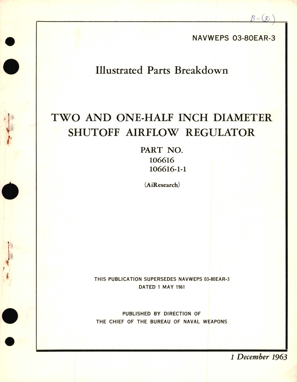 Sample page 1 from AirCorps Library document: Illustrated Parts Breakdown for Two and One-Half Inch Diameter Shutoff Airflow Regulator Part No. 106616 