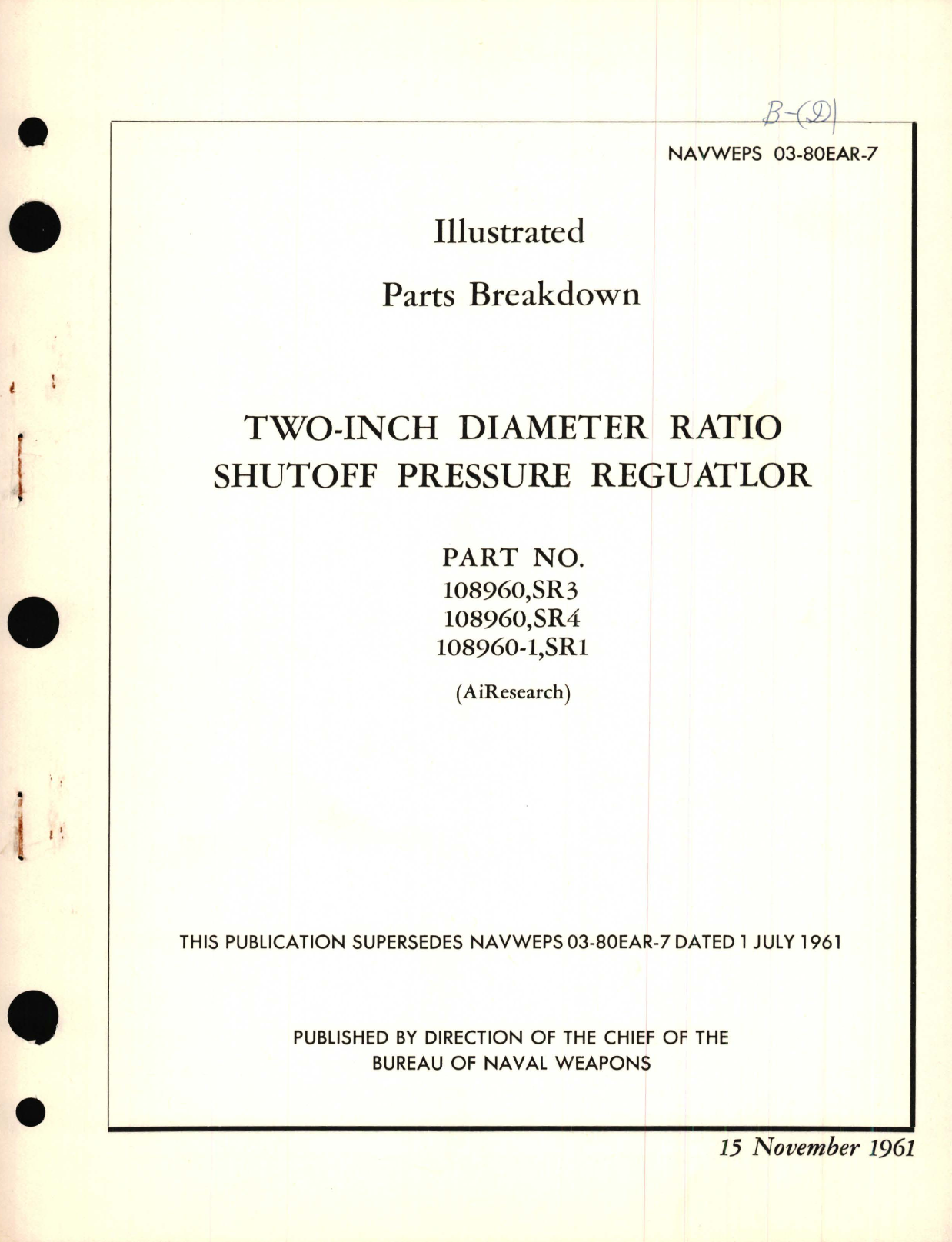 Sample page 1 from AirCorps Library document: Illustrated Parts Breakdown for Two-Inch Diameter Ratio Shutoff Pressure Regulator Part No. 108960, 108960-1, SR1, SR3, SR4 