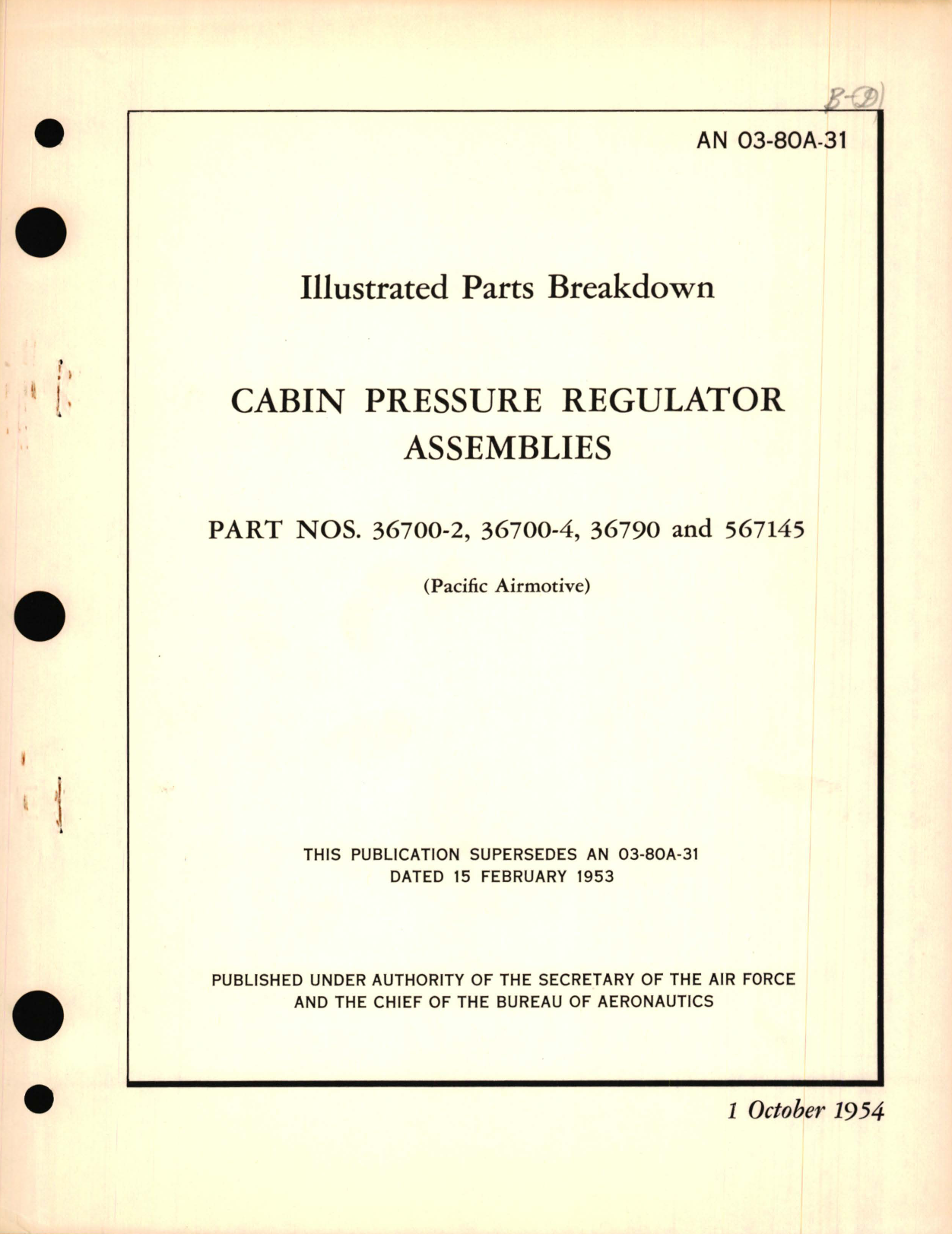 Sample page 1 from AirCorps Library document: Illustrated Parts Breakdown for Cabin Pressure Regulator Assemblies Part No. 36700, 36790, & 567145 