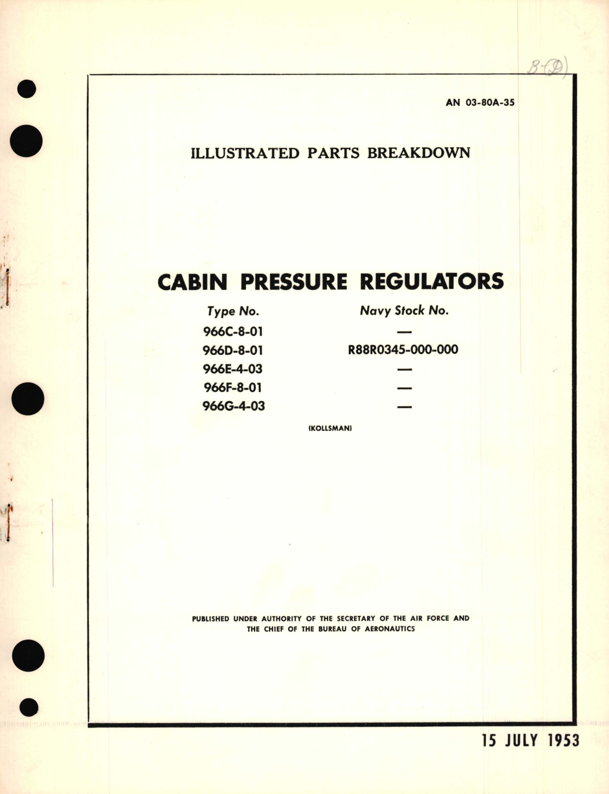 Sample page 1 from AirCorps Library document: Illustrated Parts Breakdown for Cabin Pressure Regulators Type No. 966C