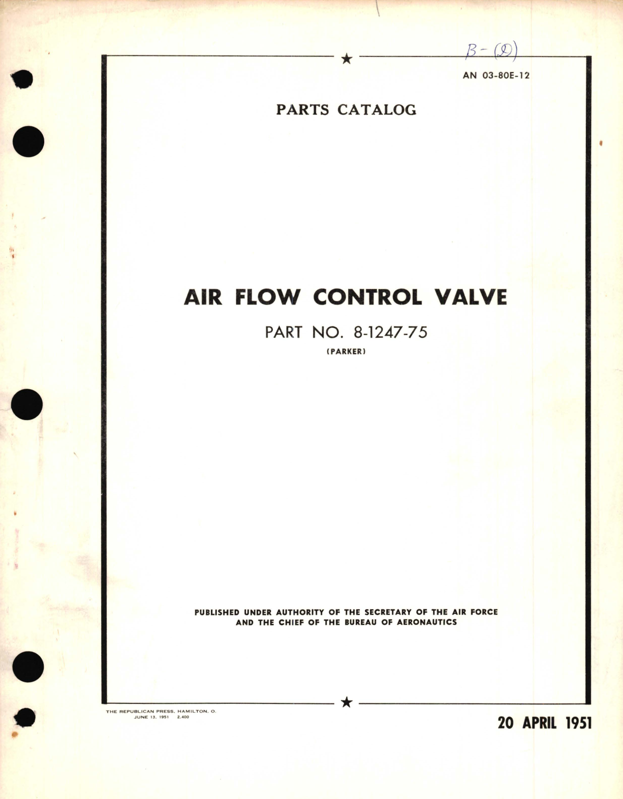 Sample page 1 from AirCorps Library document:  Parts Catalog for Air Flow Control Valve Part  No. 8-1247-75 