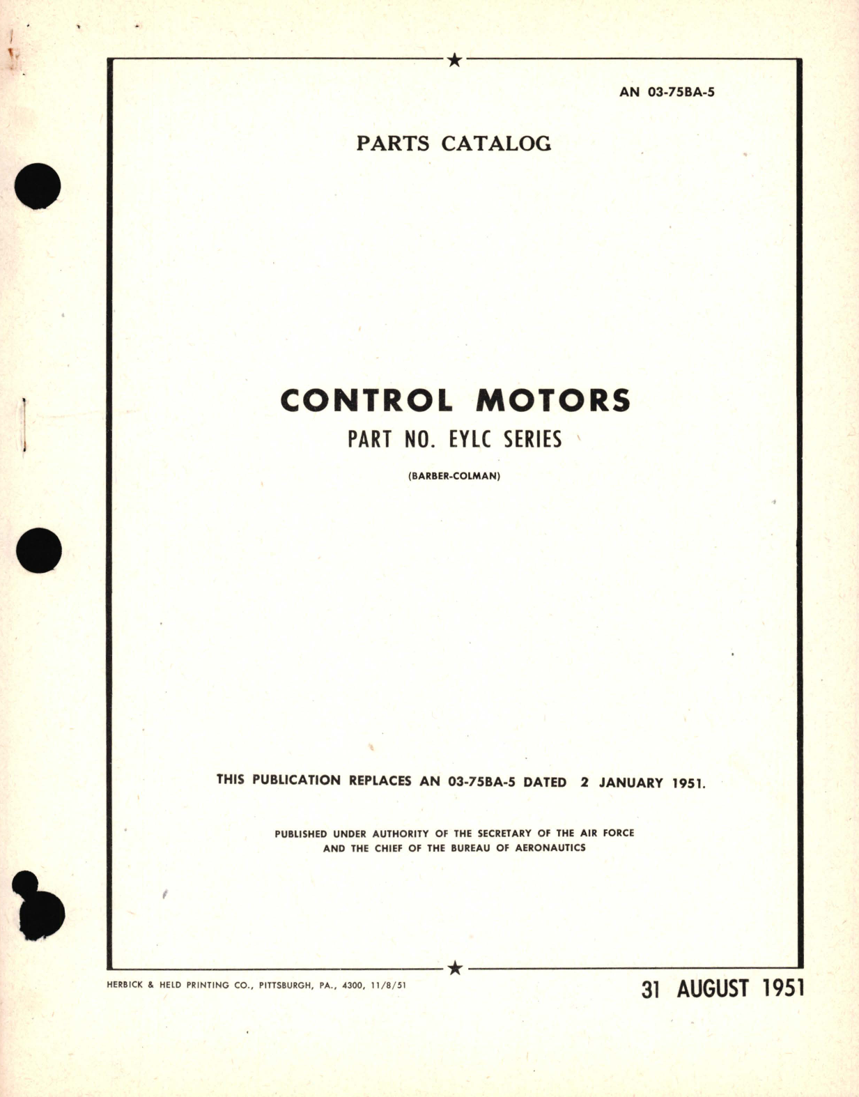 Sample page 1 from AirCorps Library document: 03-75BA-5, Parts Catalog for Control Motors Part No. EYLC Series