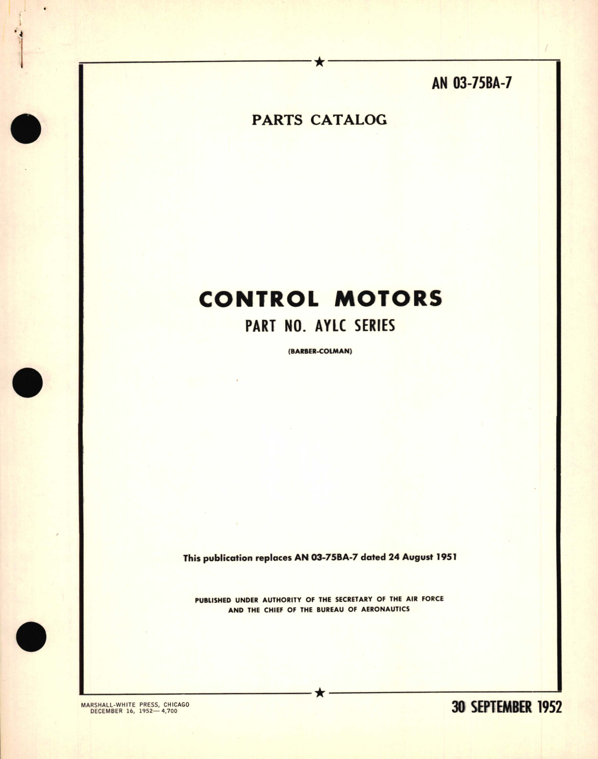 Sample page 1 from AirCorps Library document: Parts Catalog for Control Motors Part No. AYLC Series