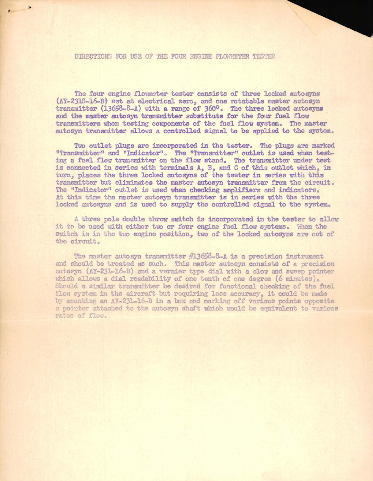 Sample page 1 from AirCorps Library document: Directions For Use Of The Four Engine Flowmeter Tester