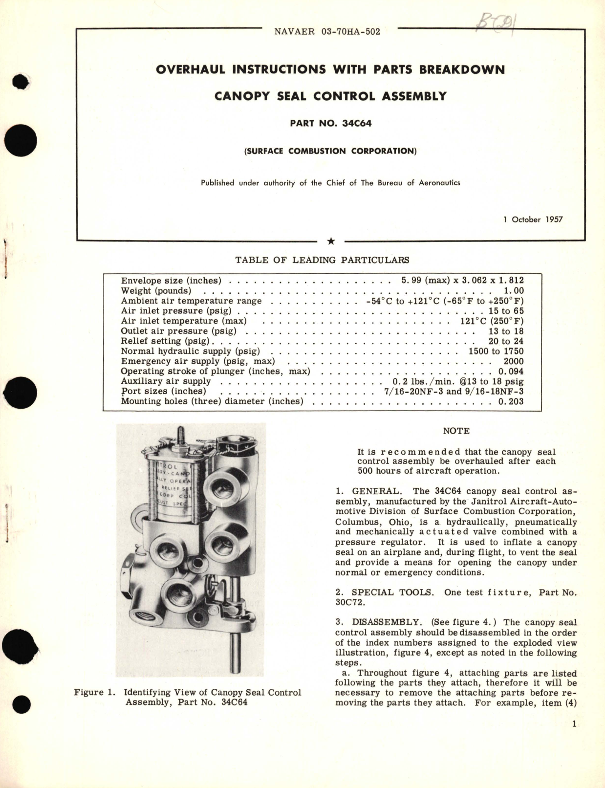 Sample page 1 from AirCorps Library document: Overhaul Instructions with Parts Catalog for Canopy Seal Control Assembly Part No. 34C64