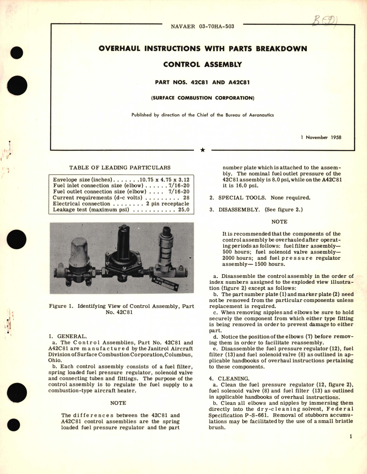 Sample page 1 from AirCorps Library document: Overhaul Instructions with Parts Catalog for Control Assembly Part No. 42C81 and A42C81