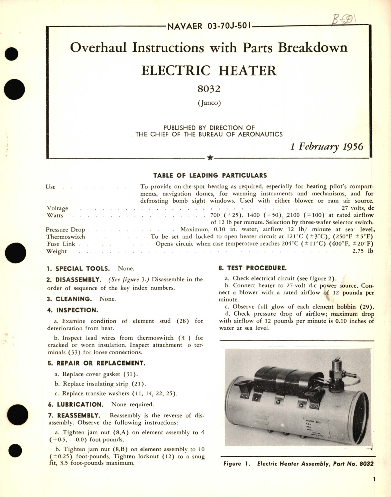 Sample page 1 from AirCorps Library document: Overhaul Instructions with Parts Breakdown for Electric Heater 8032 